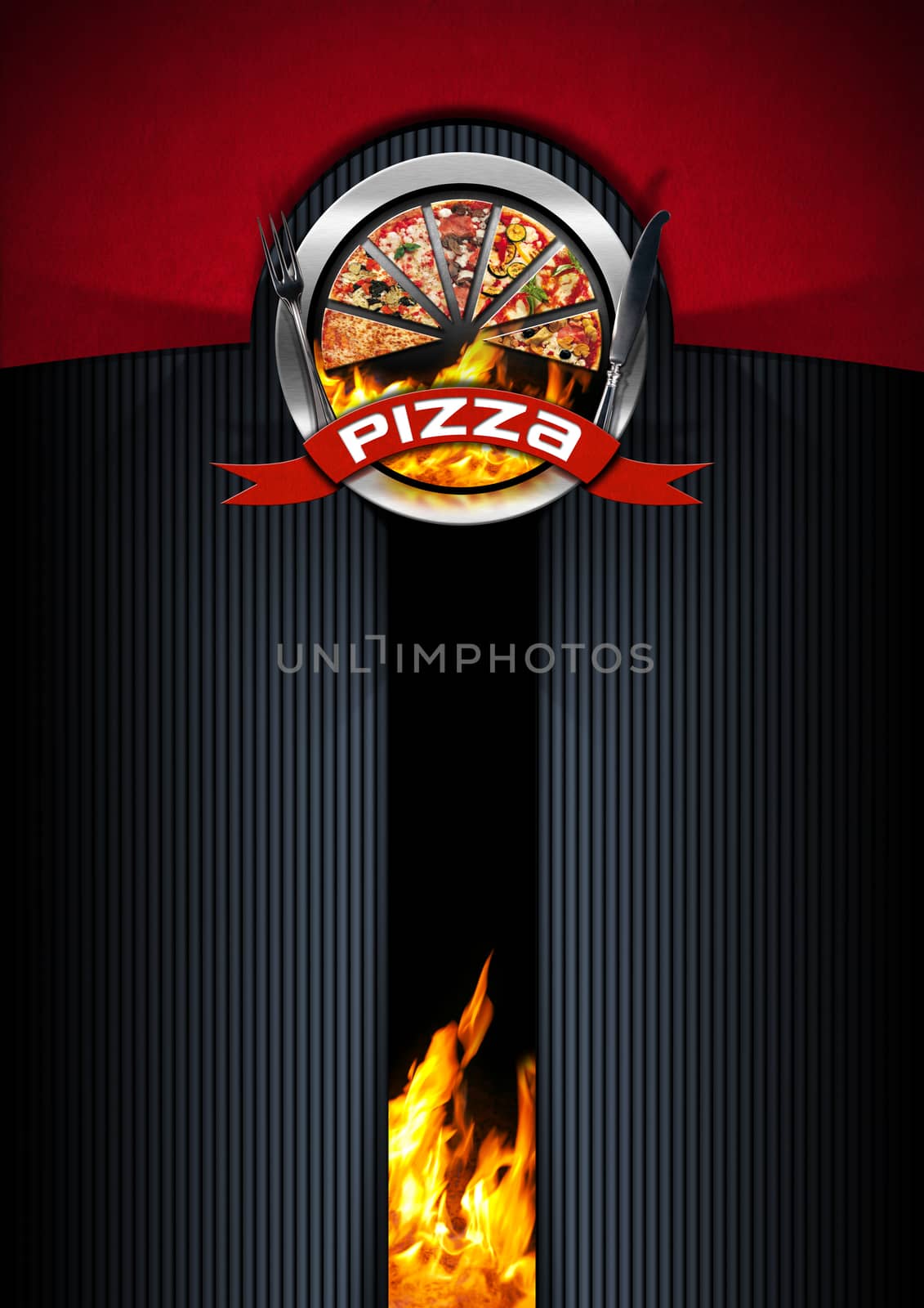 Pizza menu design with metallic round pizza symbol on a red, black and grey background with flames