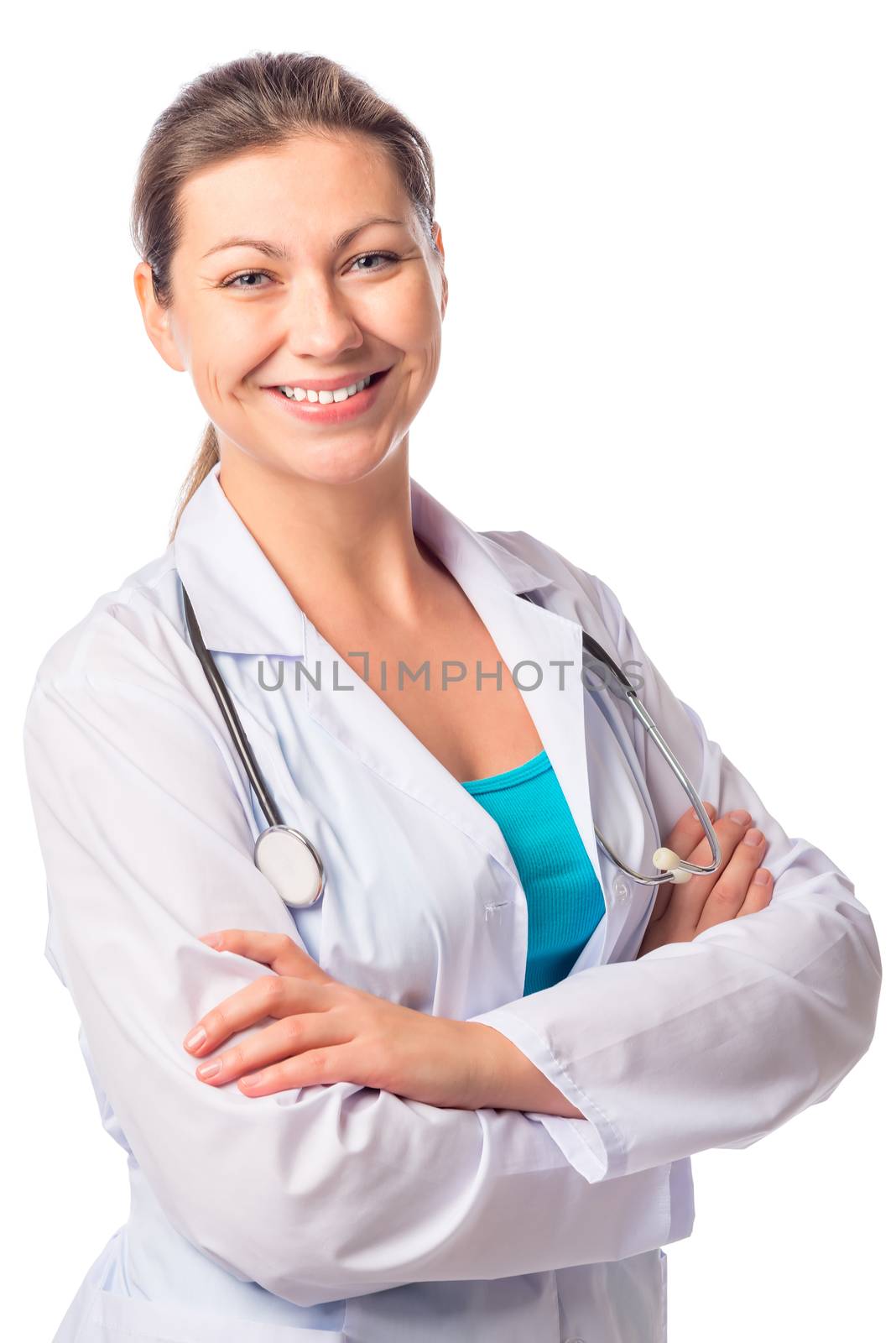 happy sure of himself woman doctor isolated