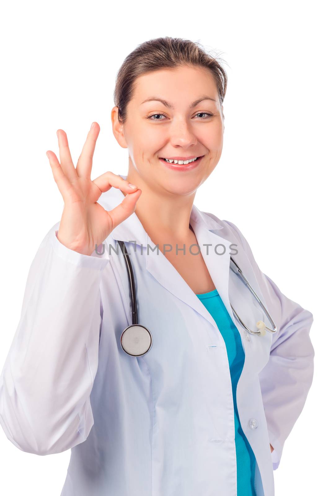 Happy nurse portrait on white background