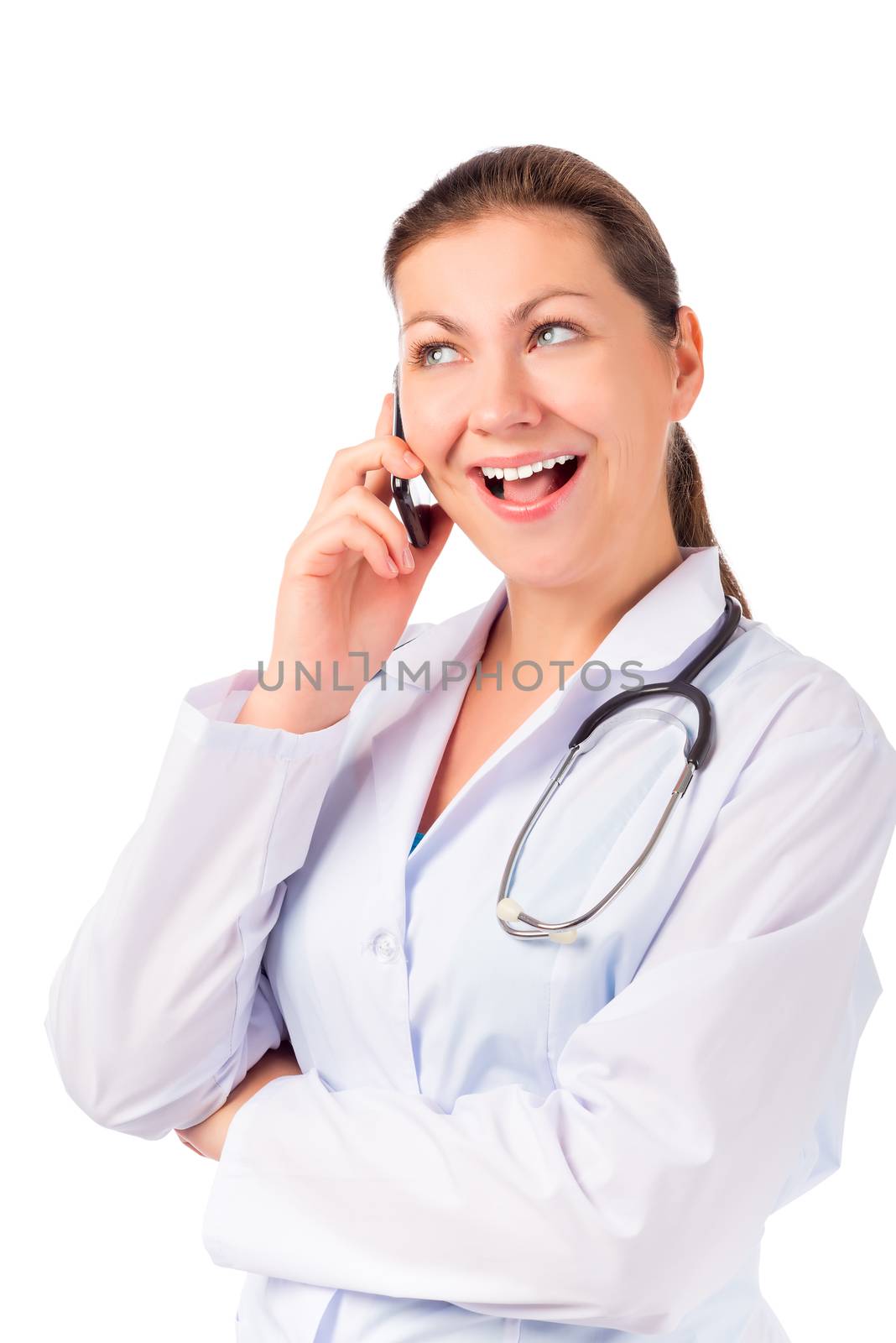 cheerful nurse talking on the phone by kosmsos111