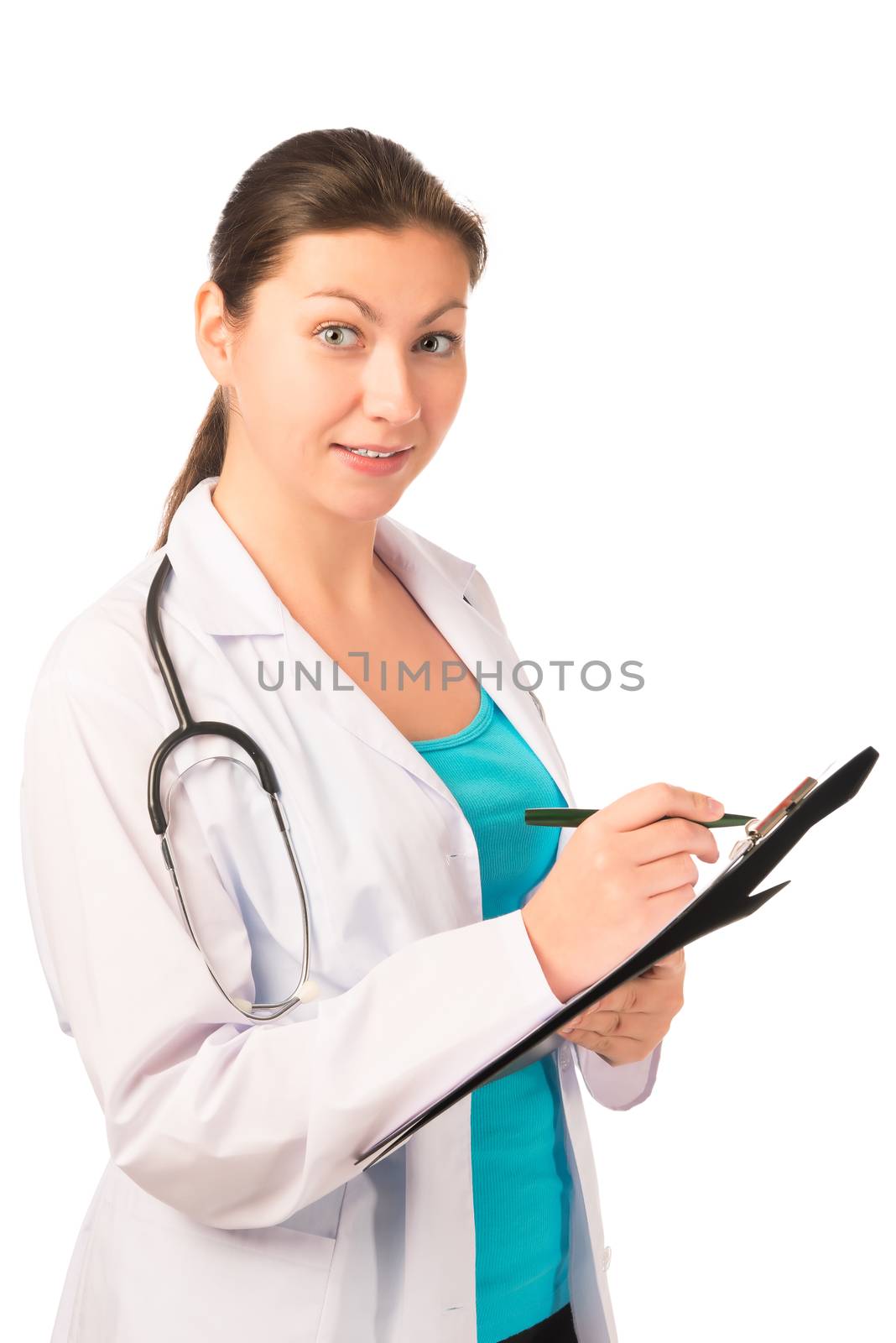 young medical intern writes a lecture on a white background