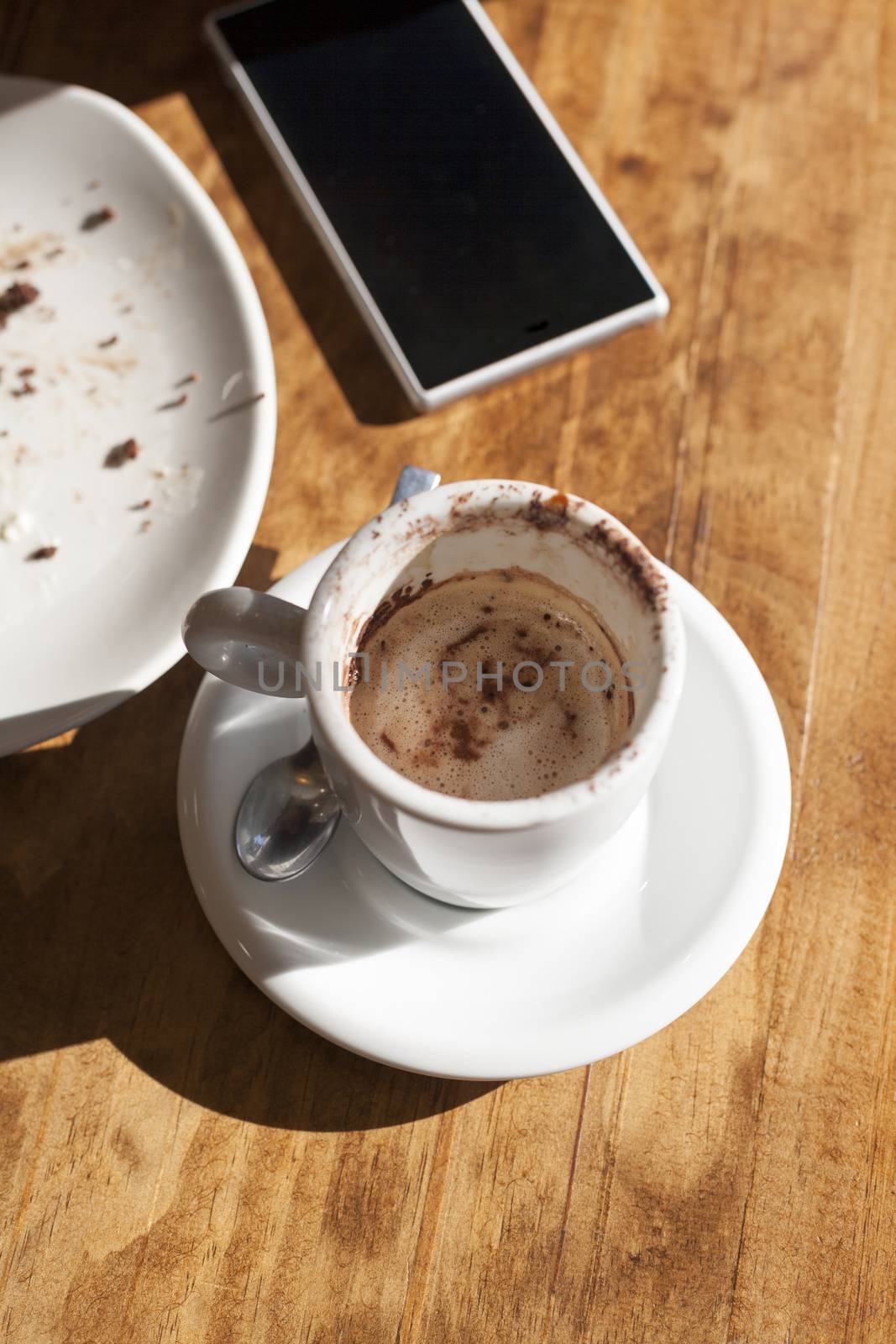 small cup cappuccino coffee mobile phone blank screen and empty chocolate cake dish on light brown wooden table