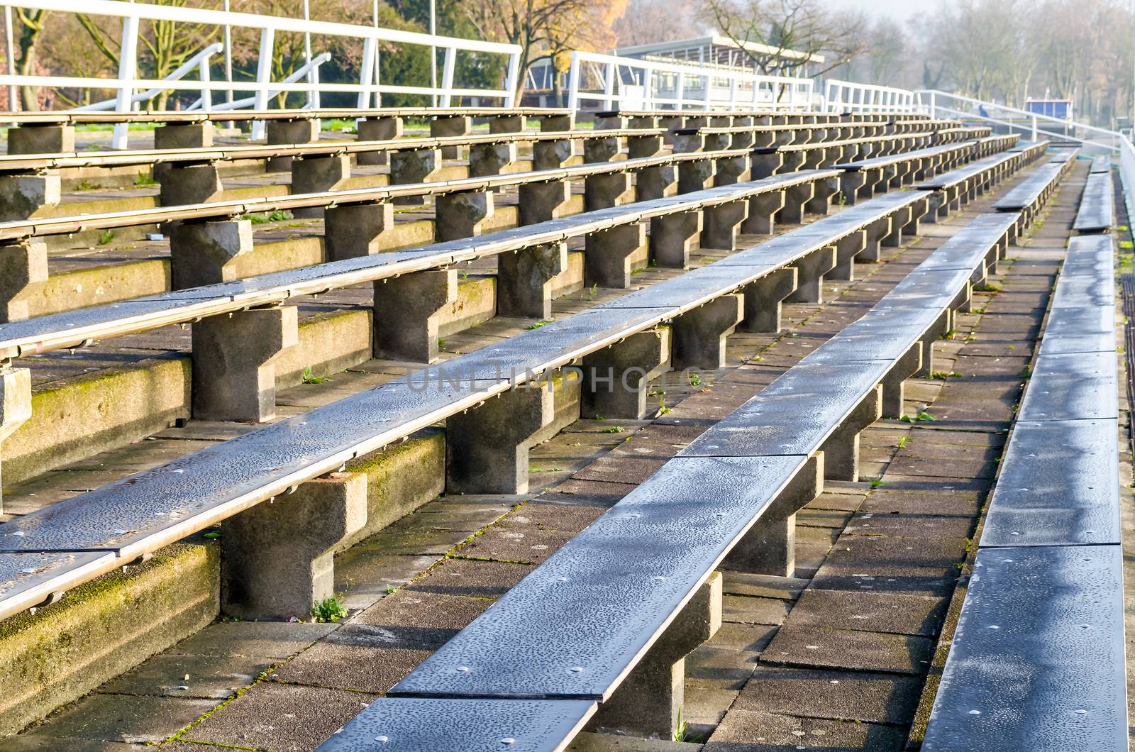 Rows of seats, chairs, benches for a sporting event.
