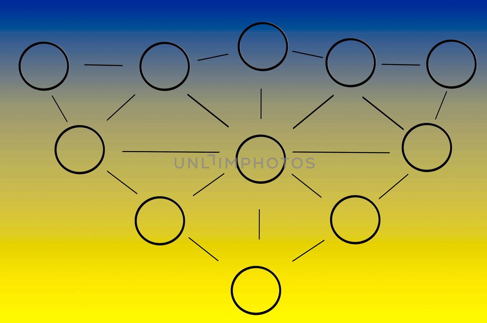 Various circuit connected with lines. Symbolizes network.