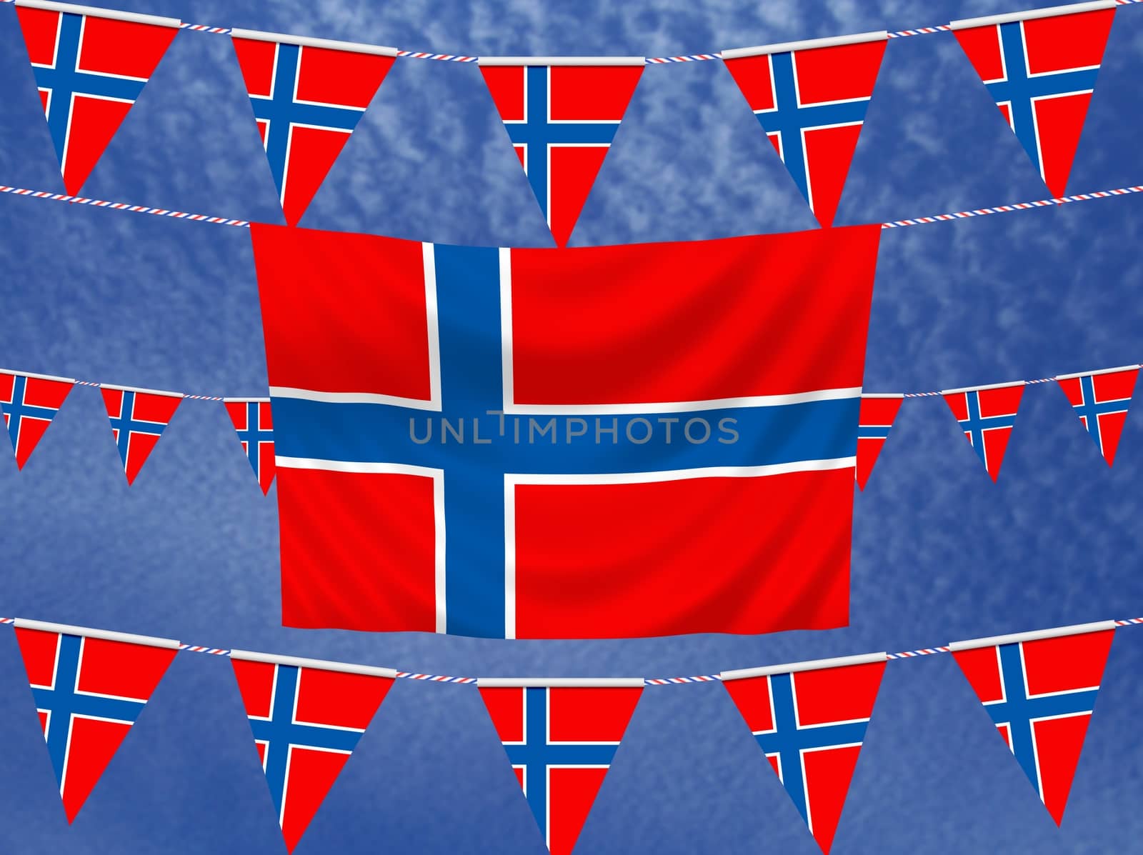 Illustrated flag of Norway with bunting and a sky background