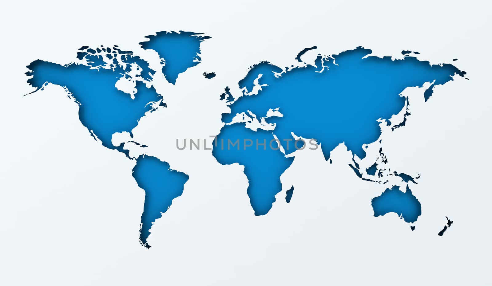 World map paper cutout with blue background, 3d render
