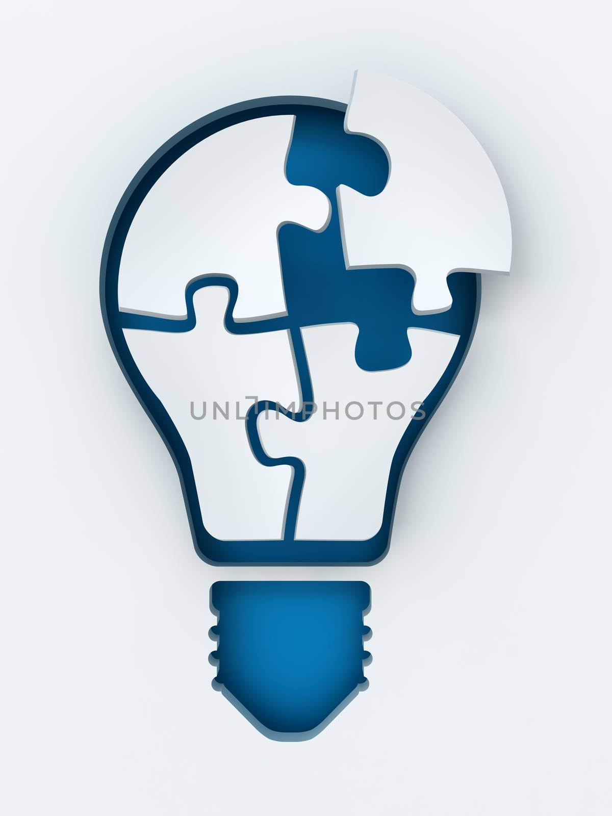 Light bulb paper cut with puzzles and copyspace, 3d render, white background