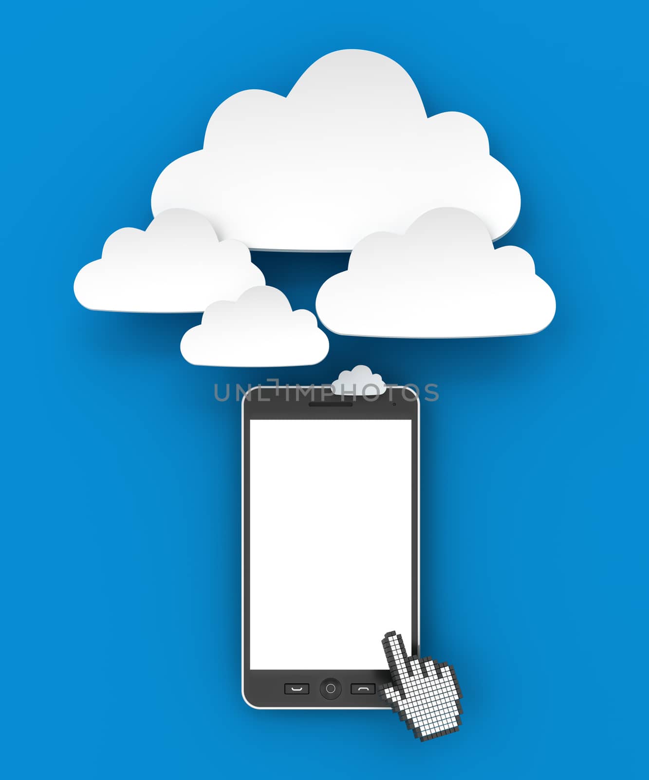 Smartphone connecting to cloud with copyspace, 3d render, blue background