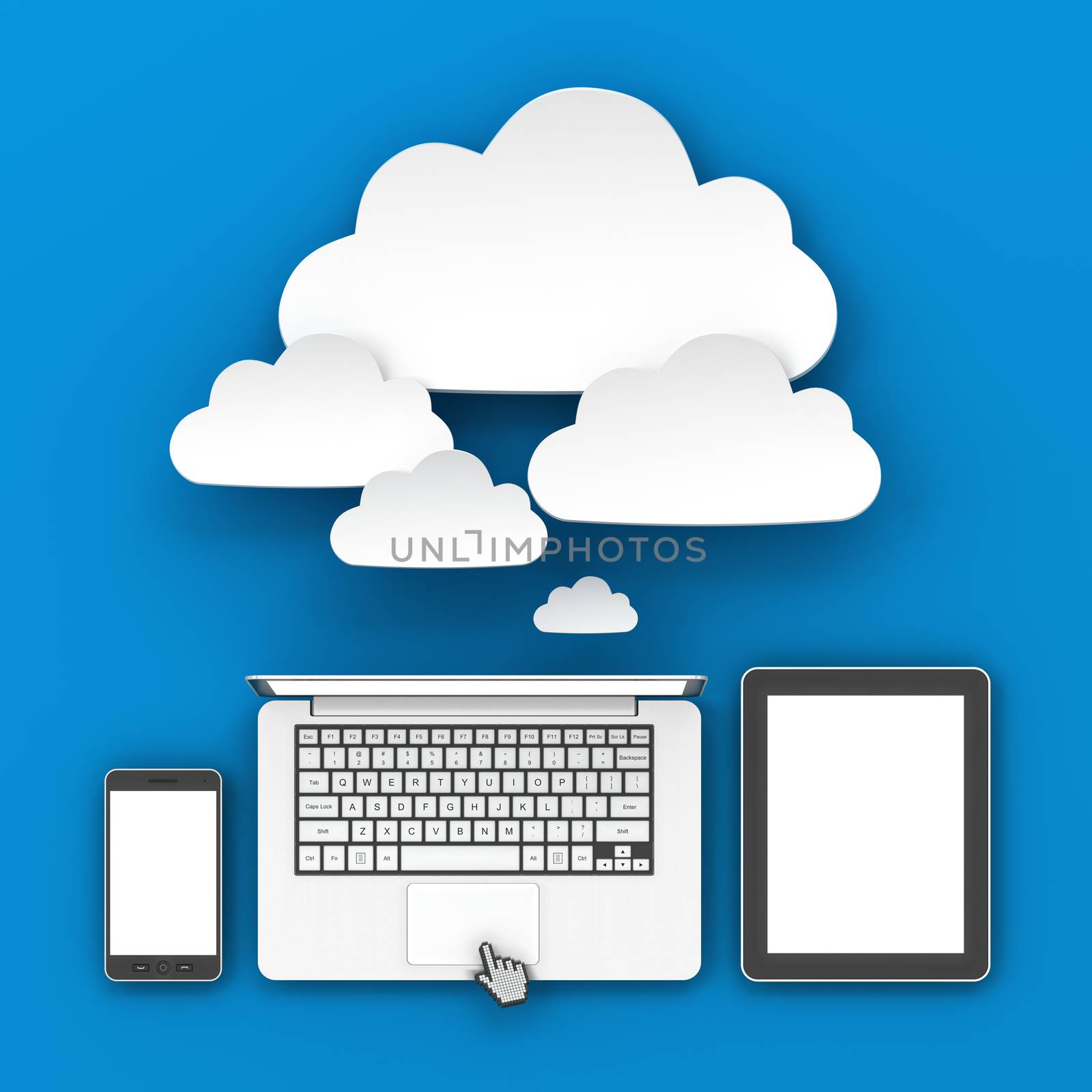 Smartphone, laptop computer and digital tablet connecting to cloud with copyspace, 3d render