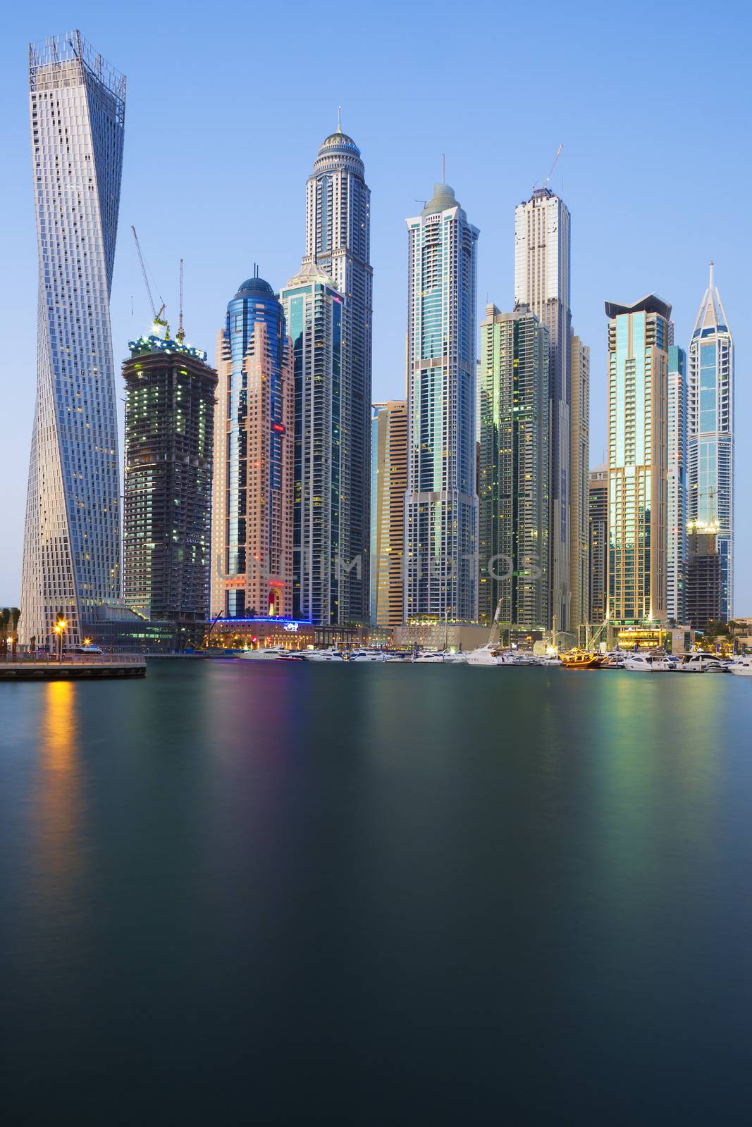 Vertical view of Skyscrapers in Dubai, UAE.