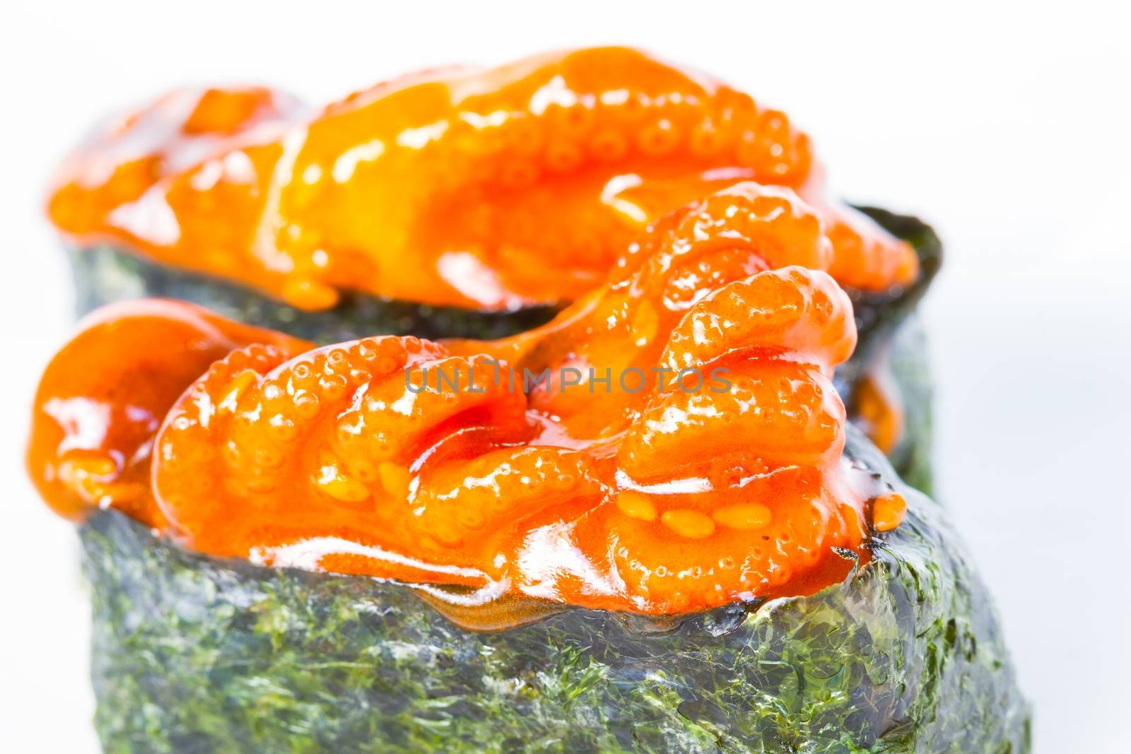 close-up squid sushi in kimchi soft focus isolated on white background