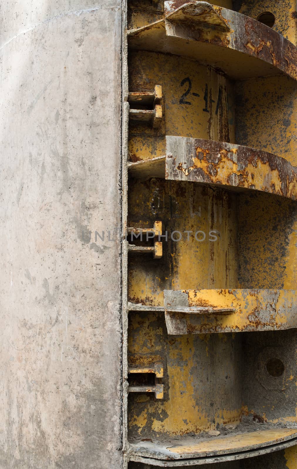 Rusty metal formwork used for building the concrete constructions.