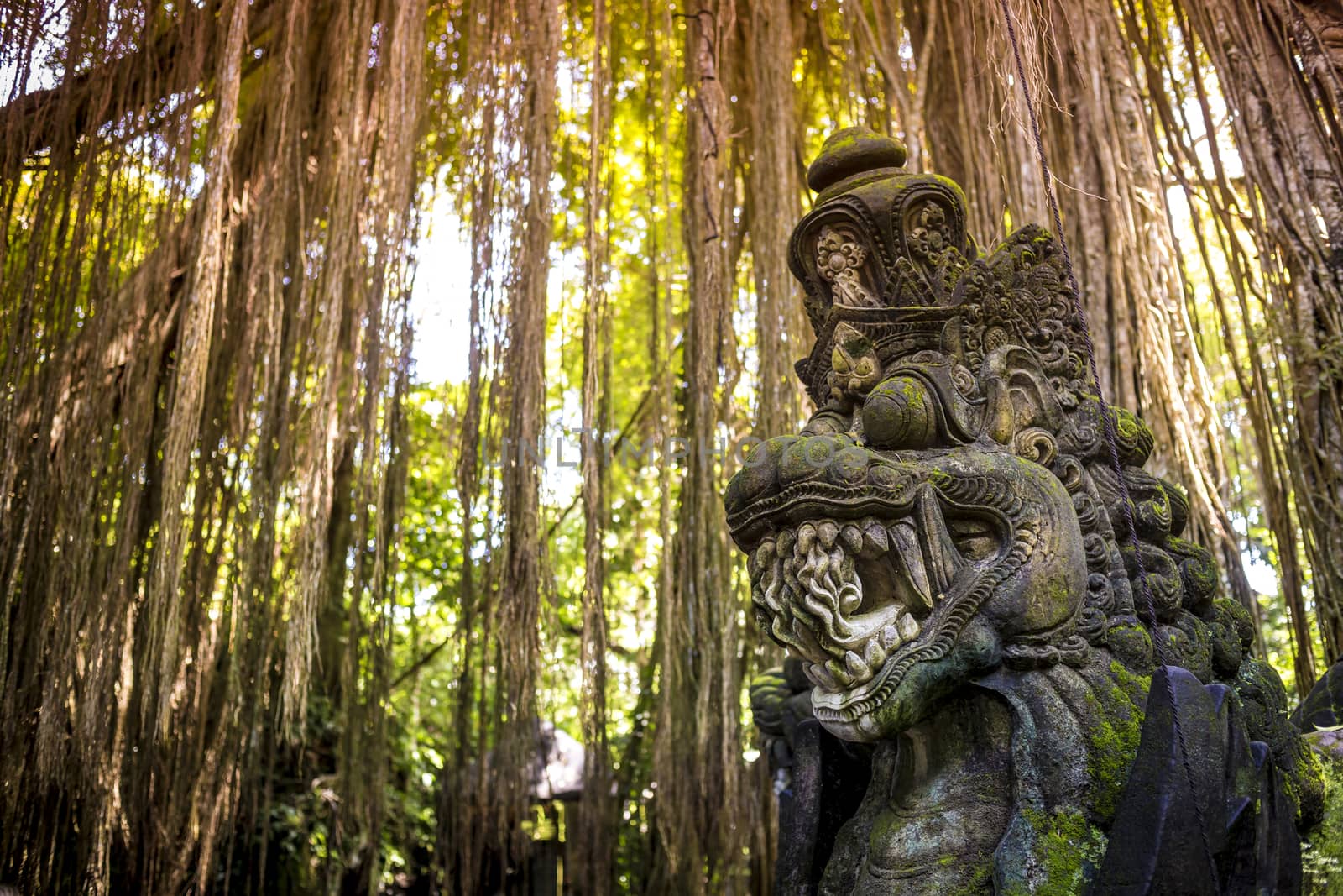 Dragon sculpture on the bridge in monkey forest, Ubud, Bali.