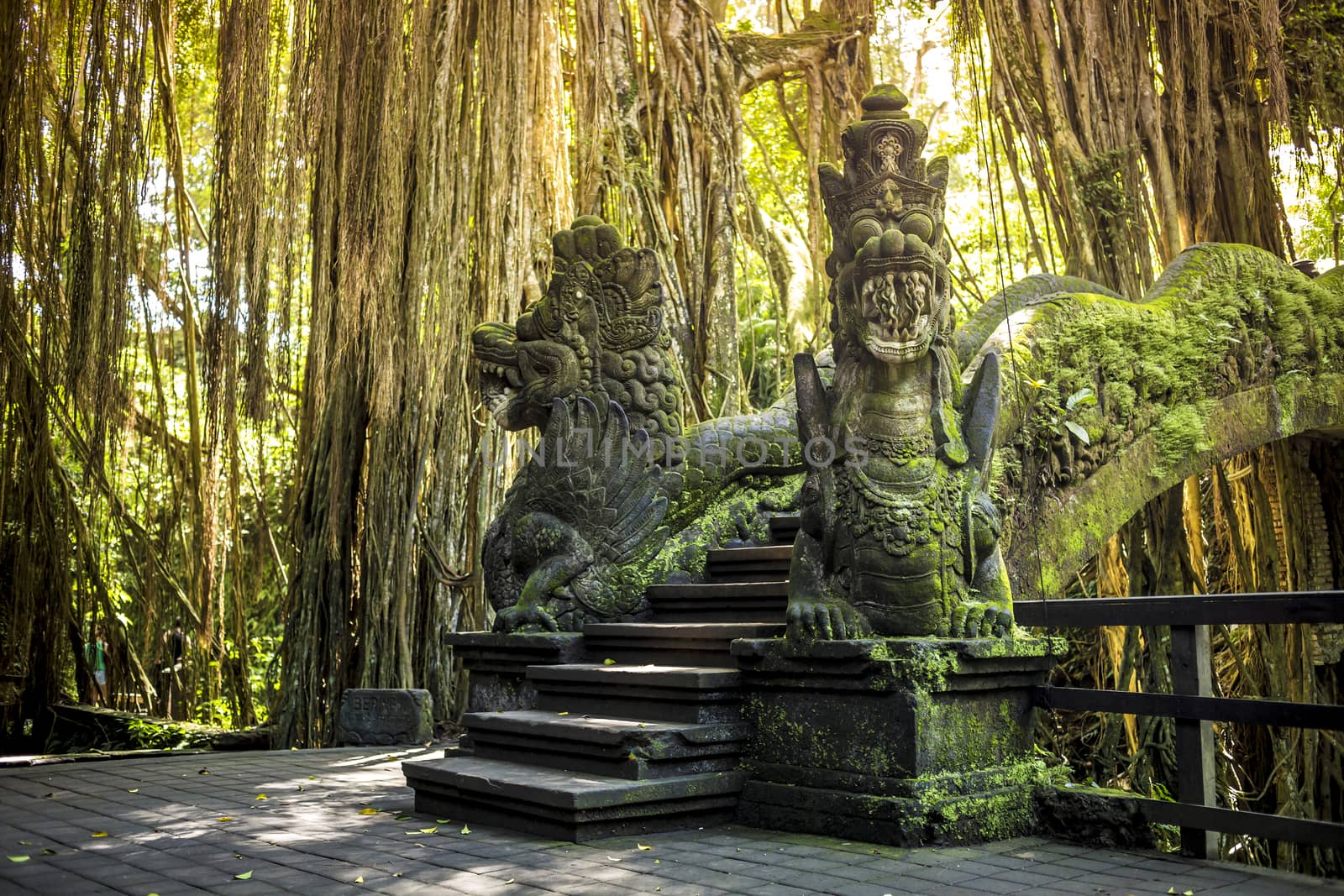 Dragon sculpture on the bridge in monkey forest, Ubud, Bali.