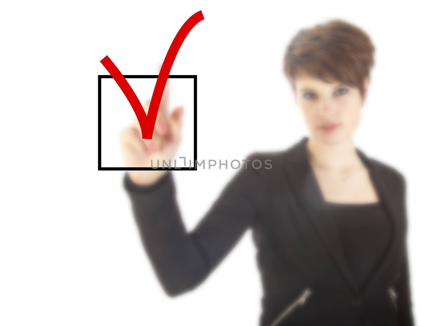 Young woman with checkbox isolated on white background