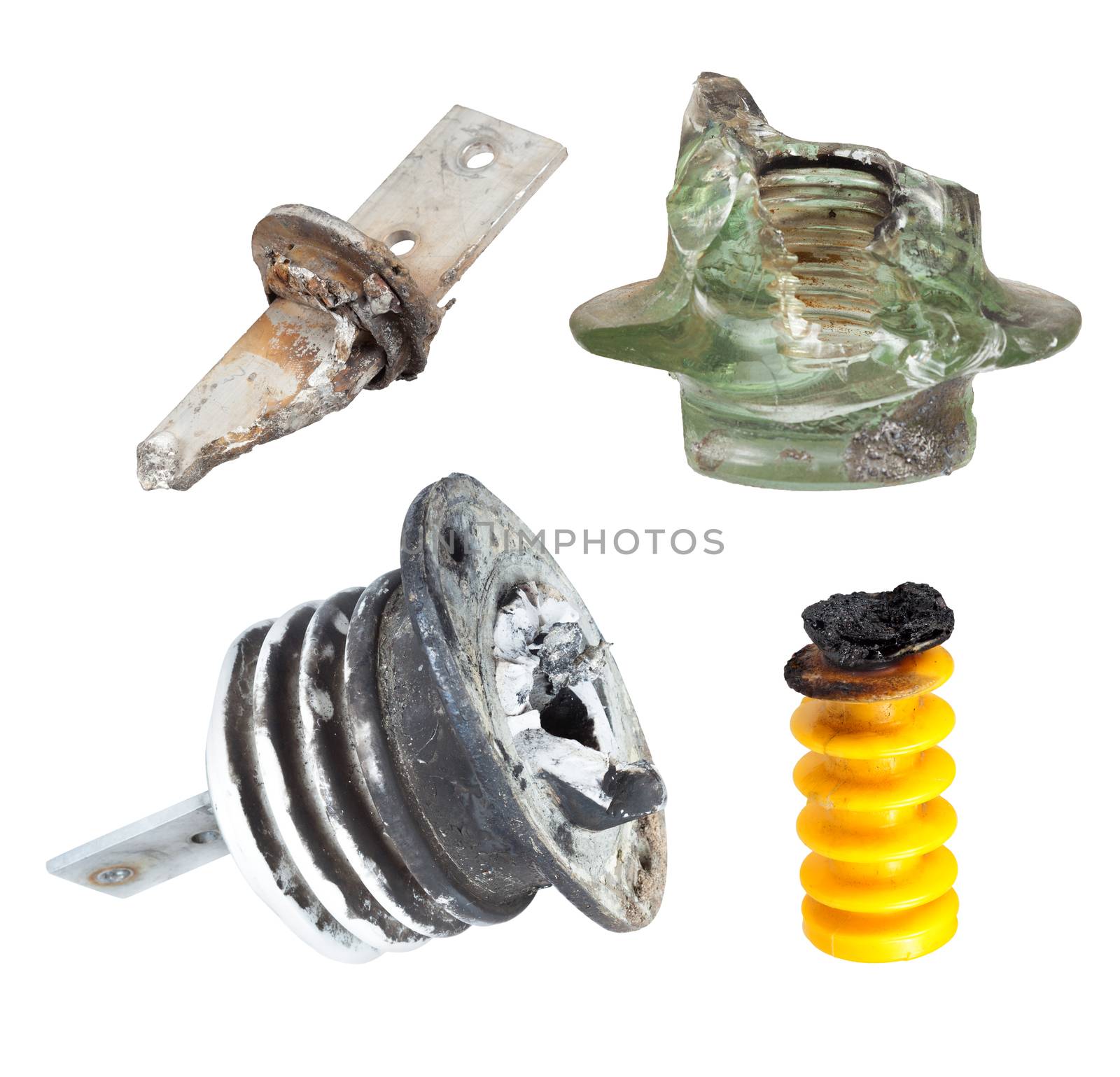 Fragments of defect of insulators for High Voltage. Collage isolated on white background