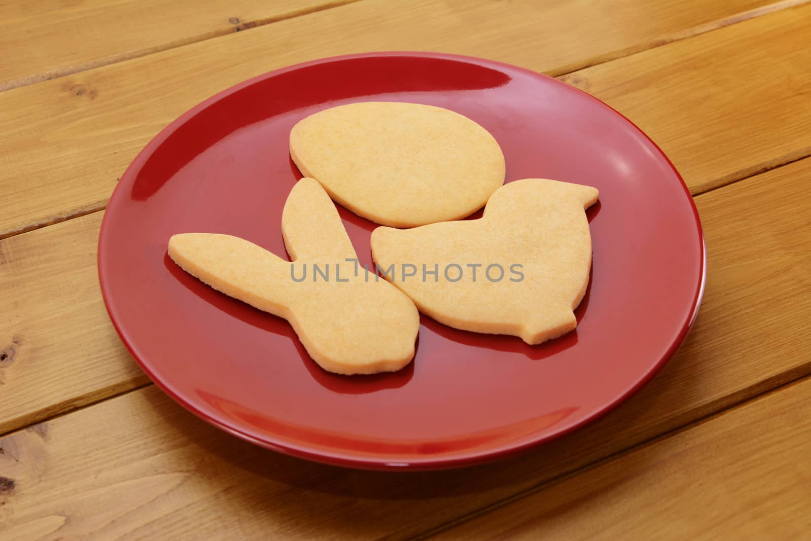 Cookies in egg, chick and rabbit shapes for Easter on a red plate on a wooden table