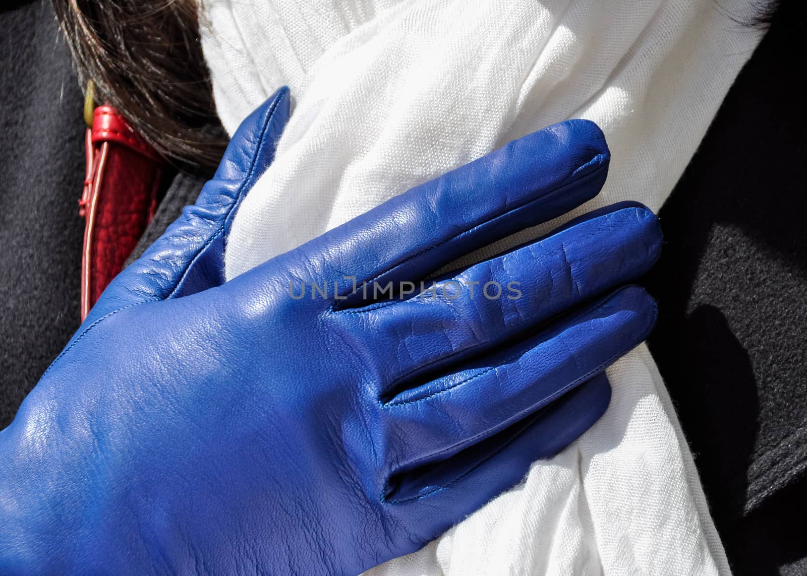 Female blue weather glove and white scarf