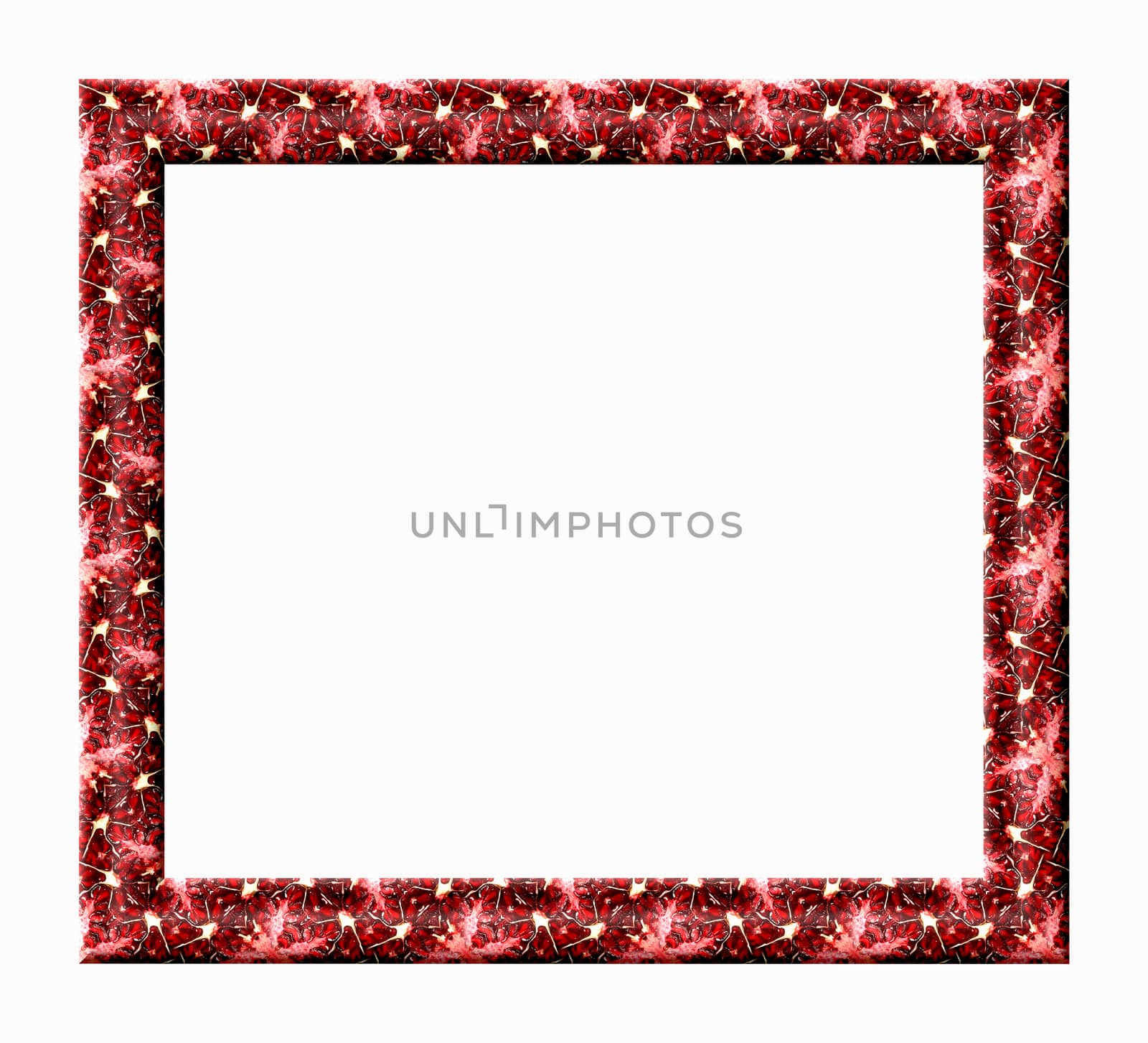 Blank photo frame with embossed texture pomegranate isolated on white background