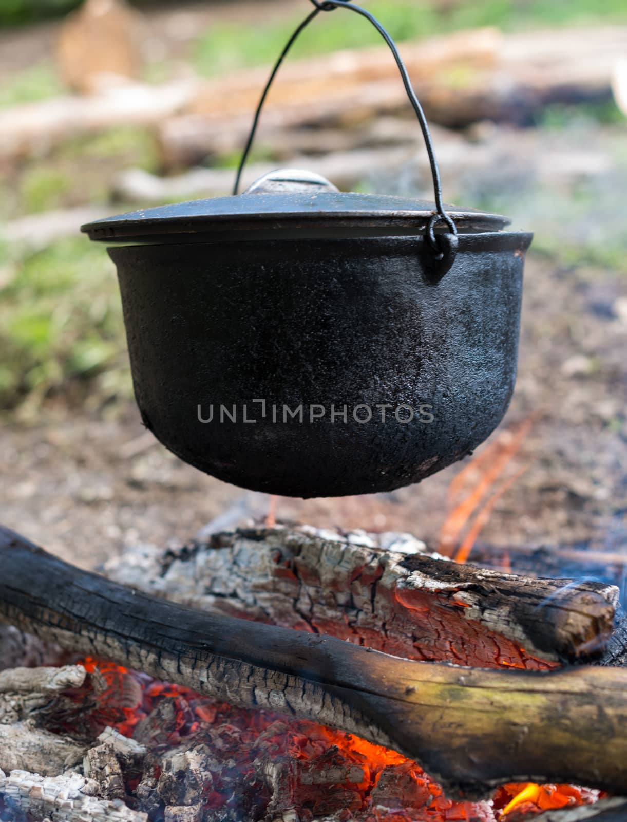 Cauldron on the open fire by rootstocks