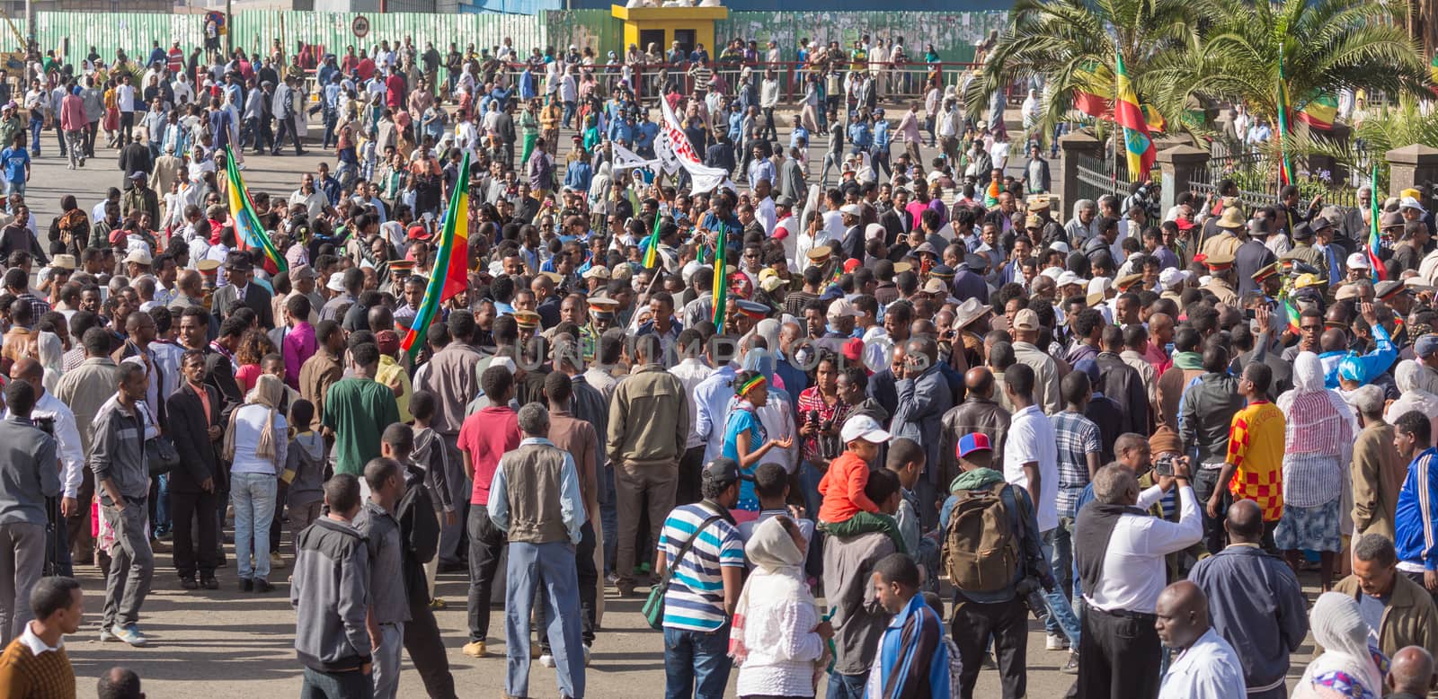 Addis Ababa - Sept 2: A large crowd gathers in front of Emperor Menelik's Monument to celebrate the 119th Anniversary of the Ethiopian Army's victory over the invading Italian forces in the 1896 battle of Adwa. September 2, 2015, Addis Ababa, Ethiopia.