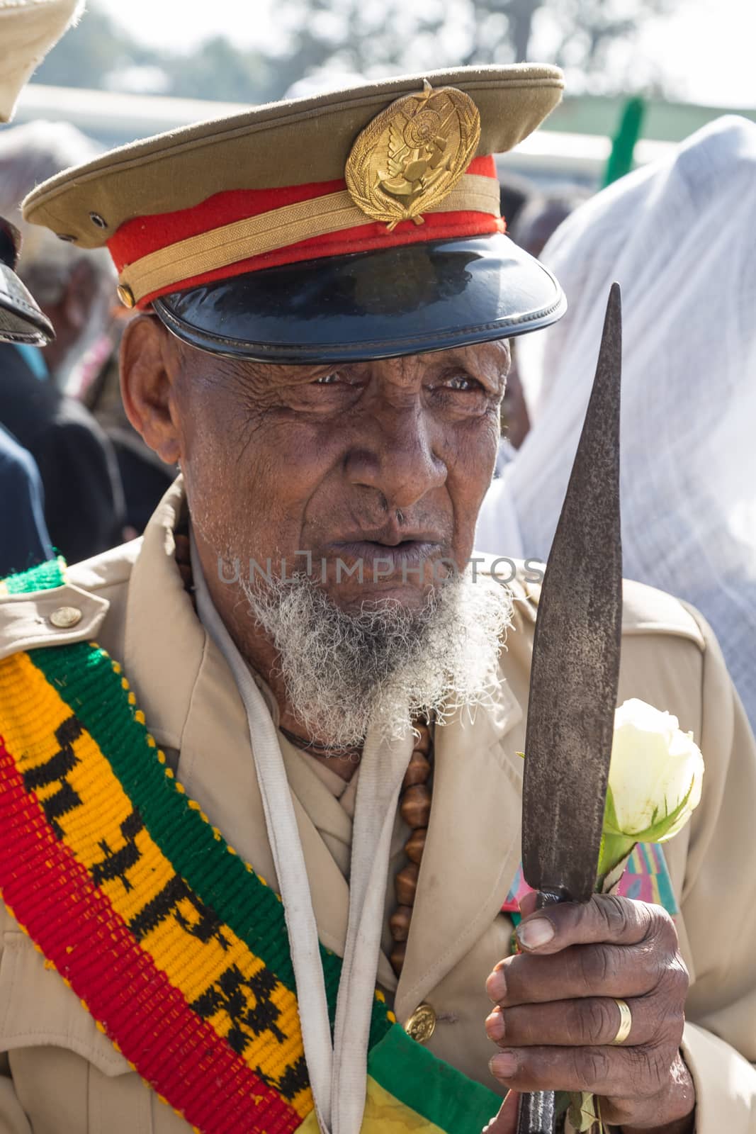 Addis Ababa - Sept 2: A decorated war veteran attends the celebrations of the 119th Anniversary of the Ethiopian Army's victory over the invading Italian forces in the 1896 battle of Adwa. September 2, 2015, Addis Ababa, Ethiopia.