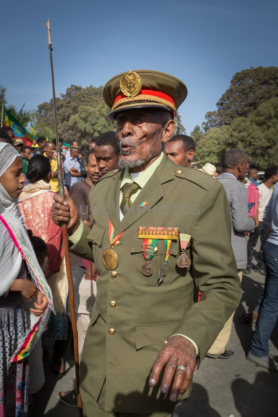 Addis Ababa - Sept 2: A decorated war veteran attends the celebrations of the 119th Anniversary of the Ethiopian Army's victory over the invading Italian forces in the 1896 battle of Adwa. September 2, 2015, Addis Ababa, Ethiopia.