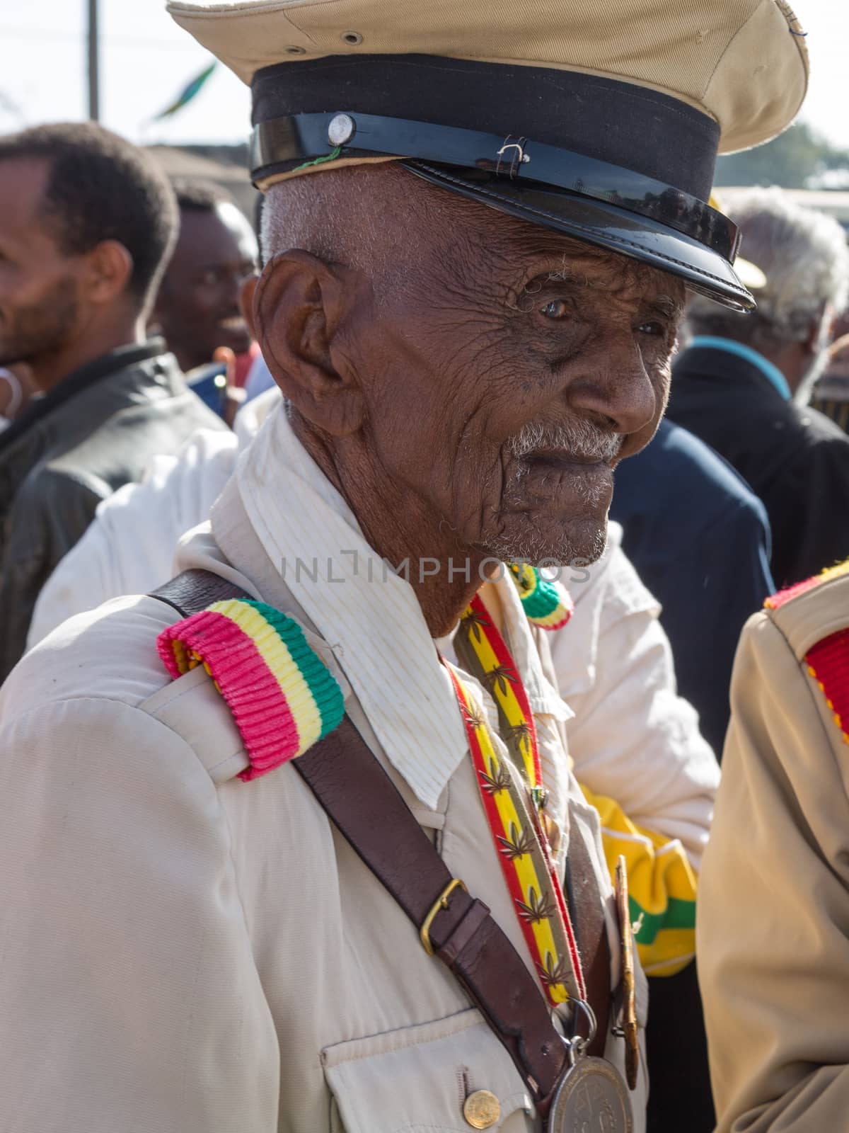 Addis Ababa - Sept 2: A decorated war veteran attends the celebrations of the 119th Anniversary of the Ethiopian Army's victory over the invading Italian forces in the 1896 battle of Adwa. September 2, 2015, Addis Ababa, Ethiopia.