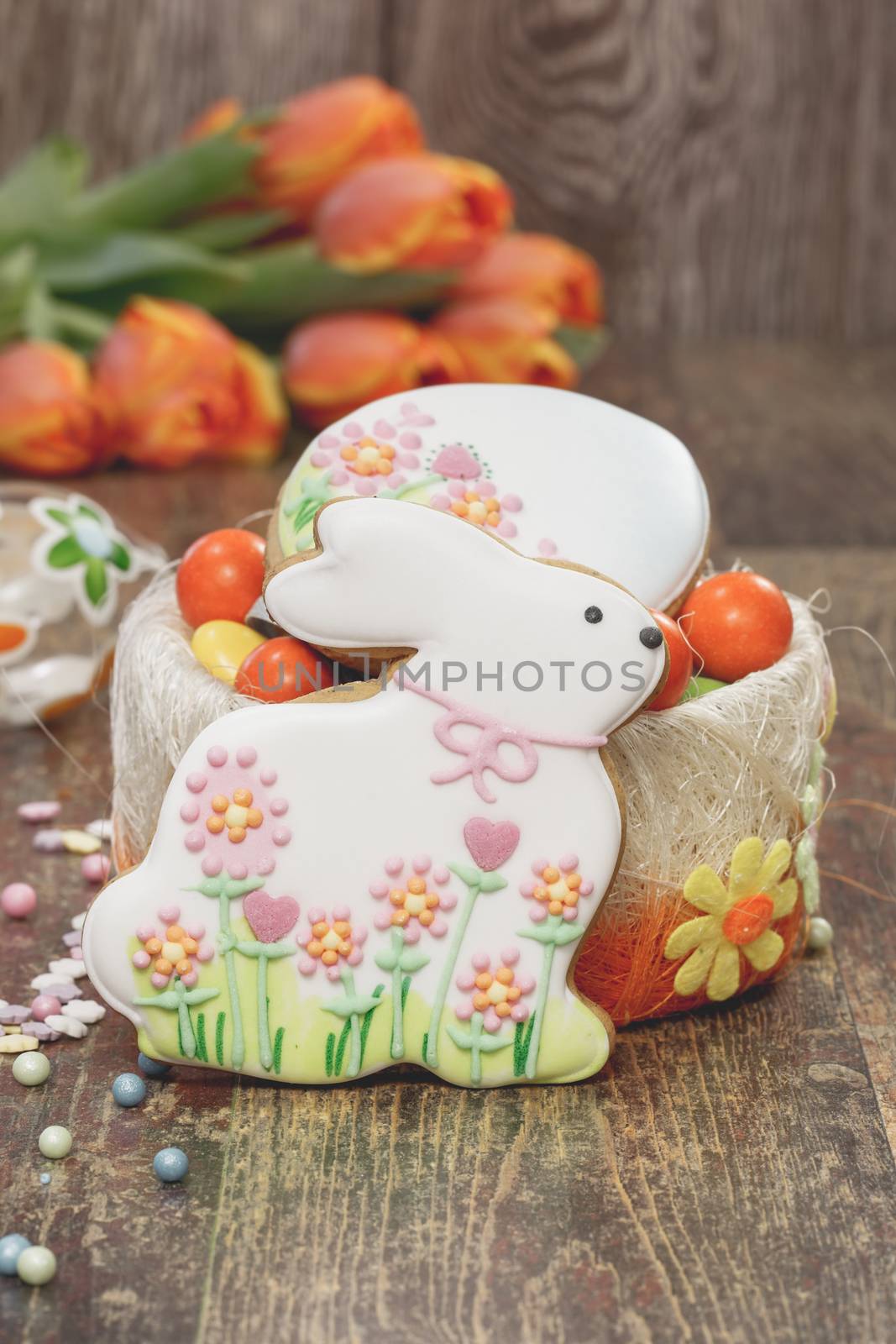 Easter baking. Homemade Easter Bunny biscuit and sugar egg, Easter backing concept. A macro photograph with shallow depth of field