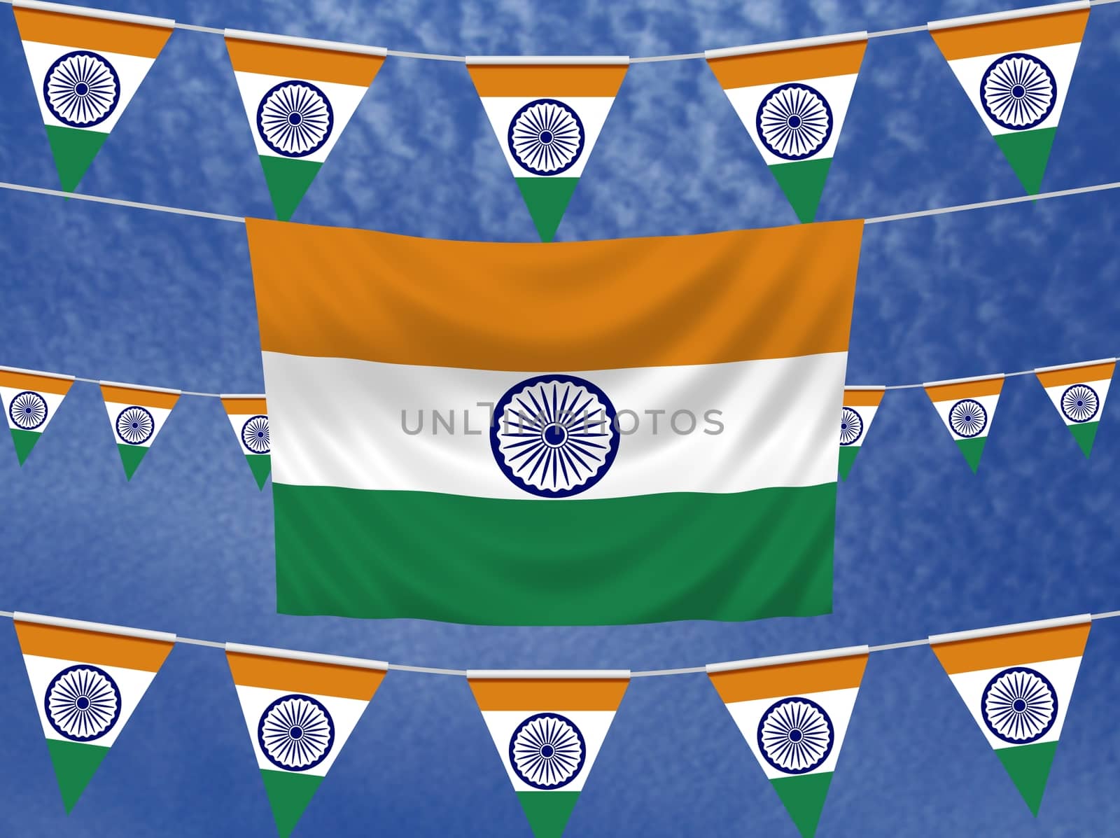 Illustrated flag of India with bunting and a sky background