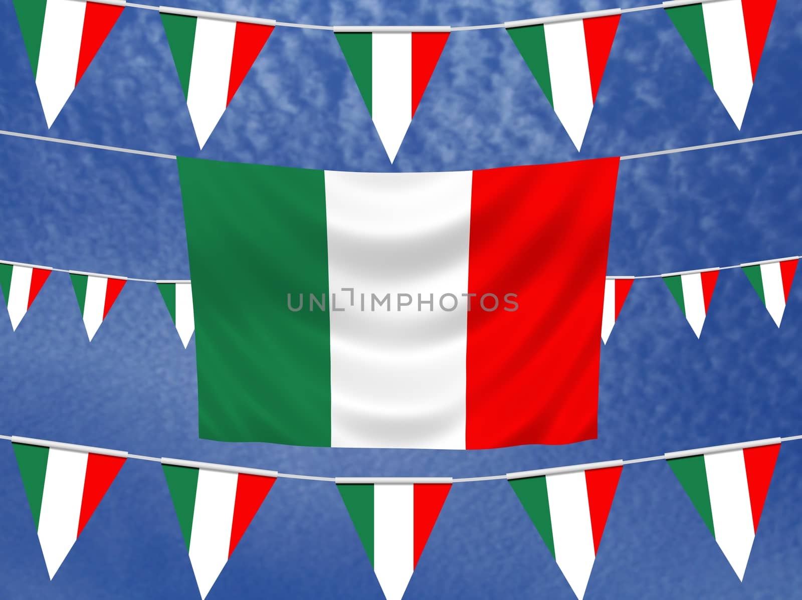 Illustrated flag of Italy with bunting and a sky background