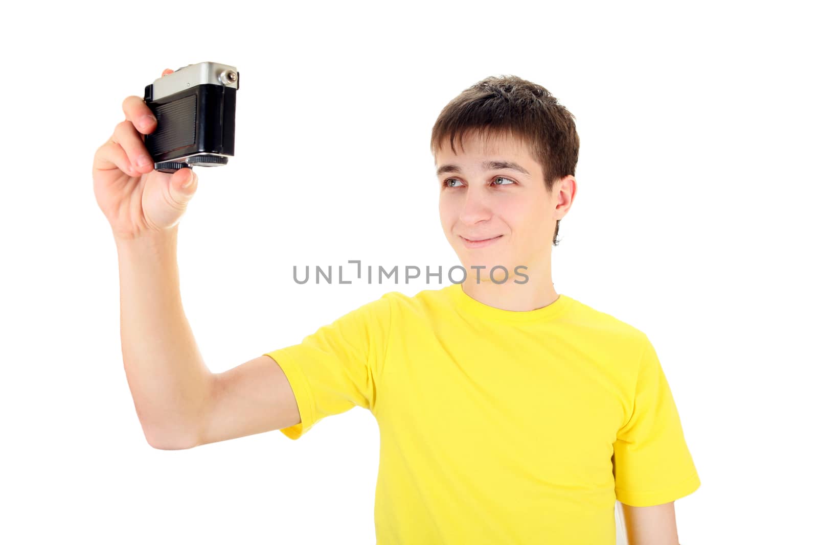 Teenager take a Self Portrait with Vintage Photo Camera on the White Background