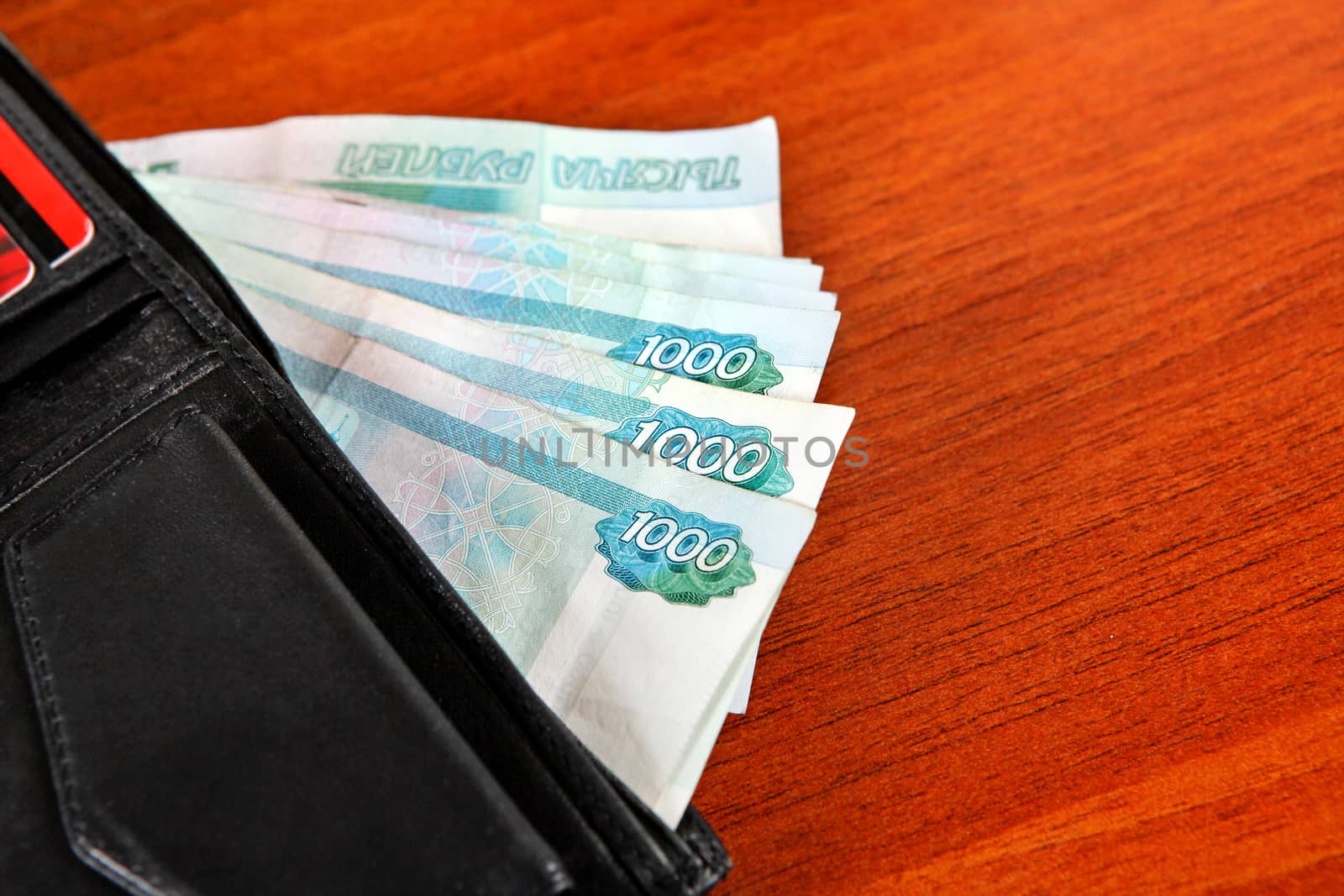 Russian Currency in the Wallet on the Table closeup