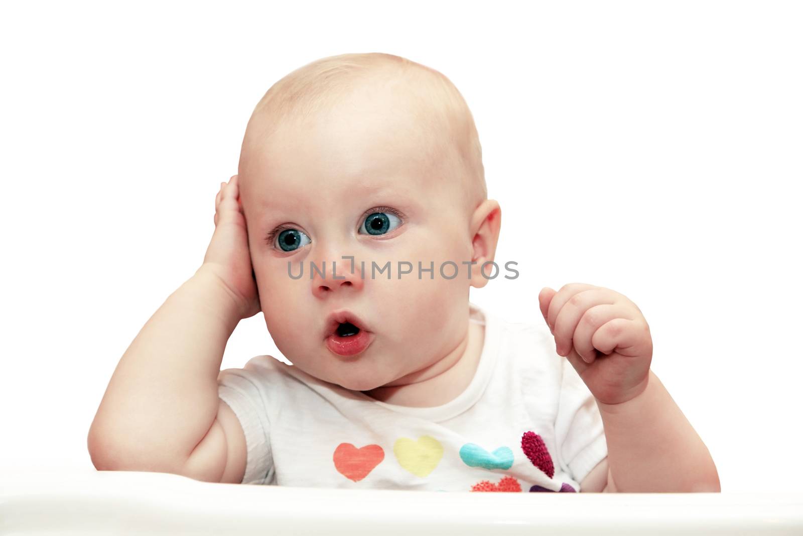 Portrait of a beautiful little girl with a surprised face