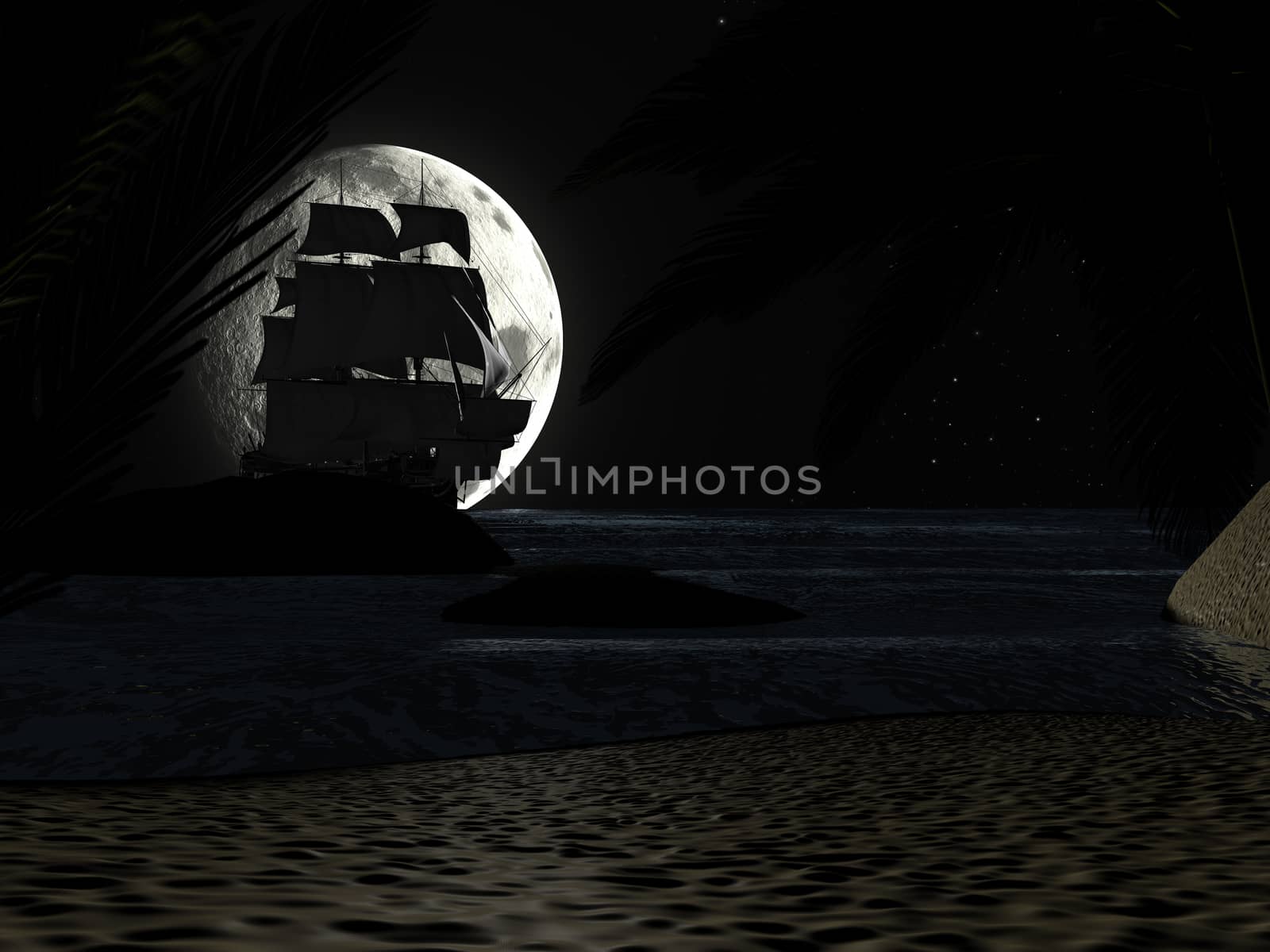 Tropical Beach at Night Moonlight, with Sailboat. by ankarb