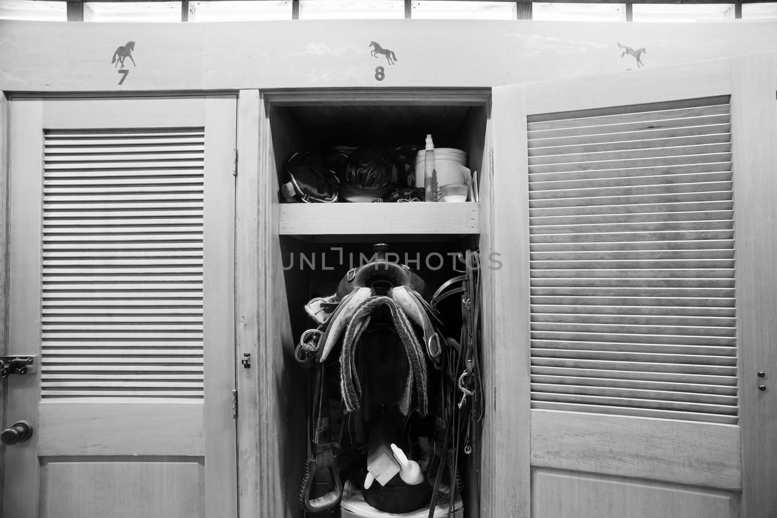 A rider keeps gear close to her horse in this tack closet