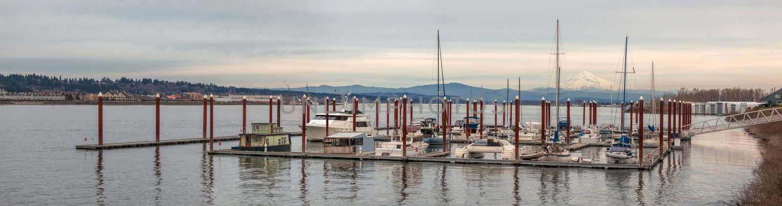 Marina on Columbia River with Mount Hood View and Waterfront Condominiums Panorama