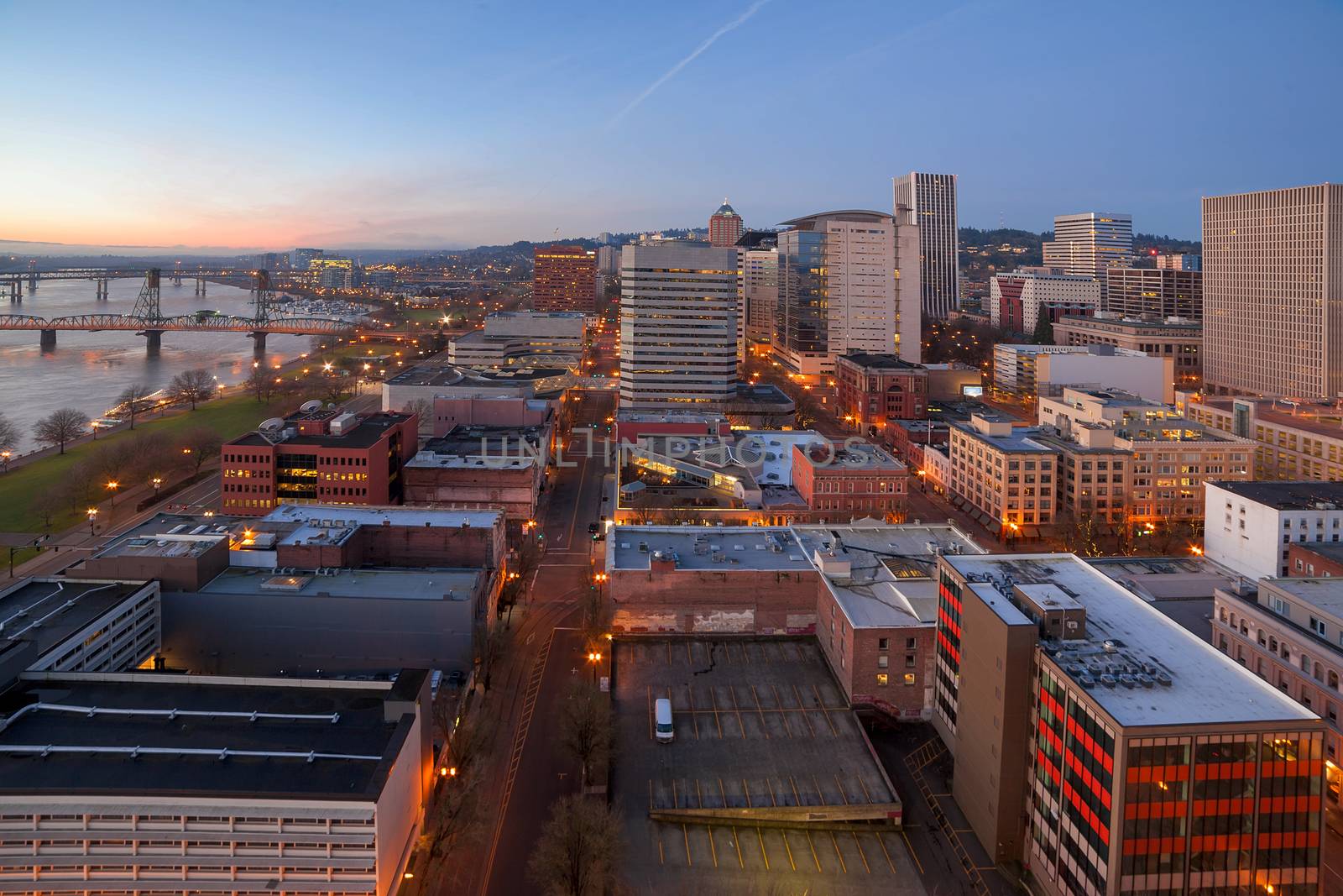 Portland Oregon downtown cityscape aerial view during early morning