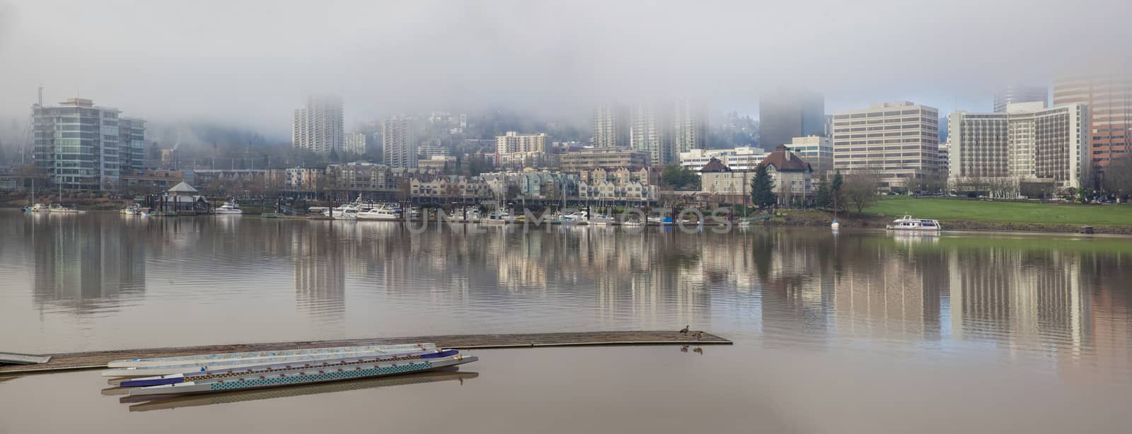 Marina by Willamette River at Portland Oregon Downtown Waterfront on a Foggy Morning