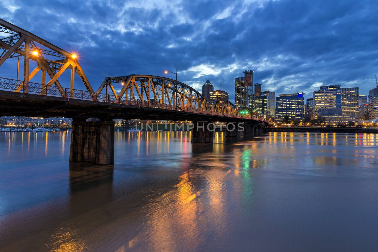 Hawthorne Bridge Over Willamette River to Portland Oregon Downtown During Evening Blue Hour