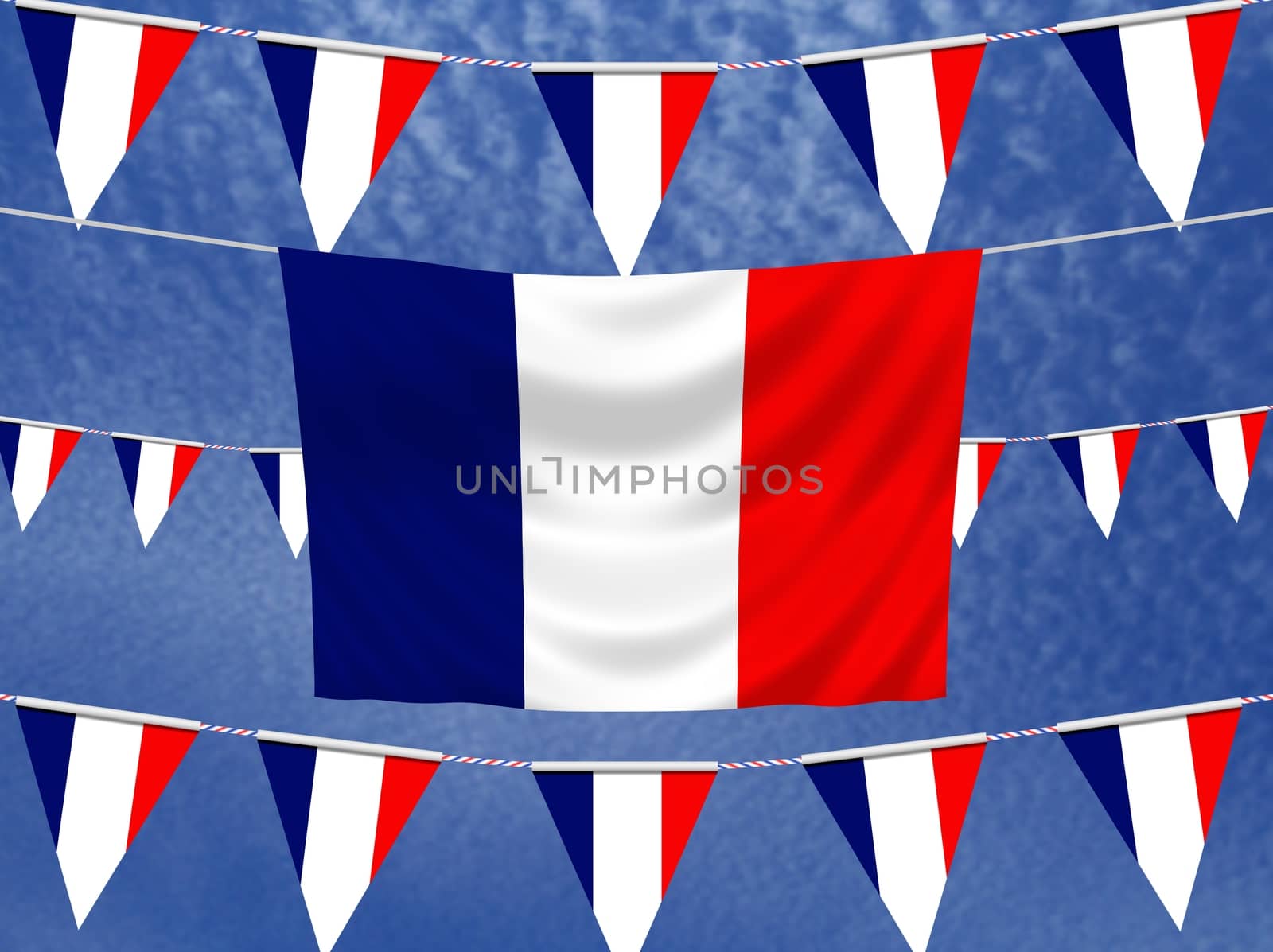 Illustrated flag of France with bunting and a sky background