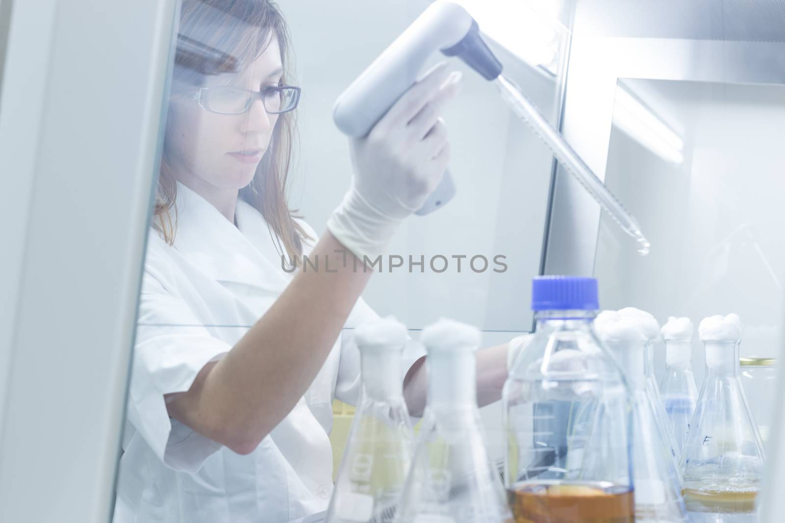 Life scientist researching in laboratory. Life sciences study living organisms on the level of microorganisms, viruses, human, animal and plant cells, genes, DNA...