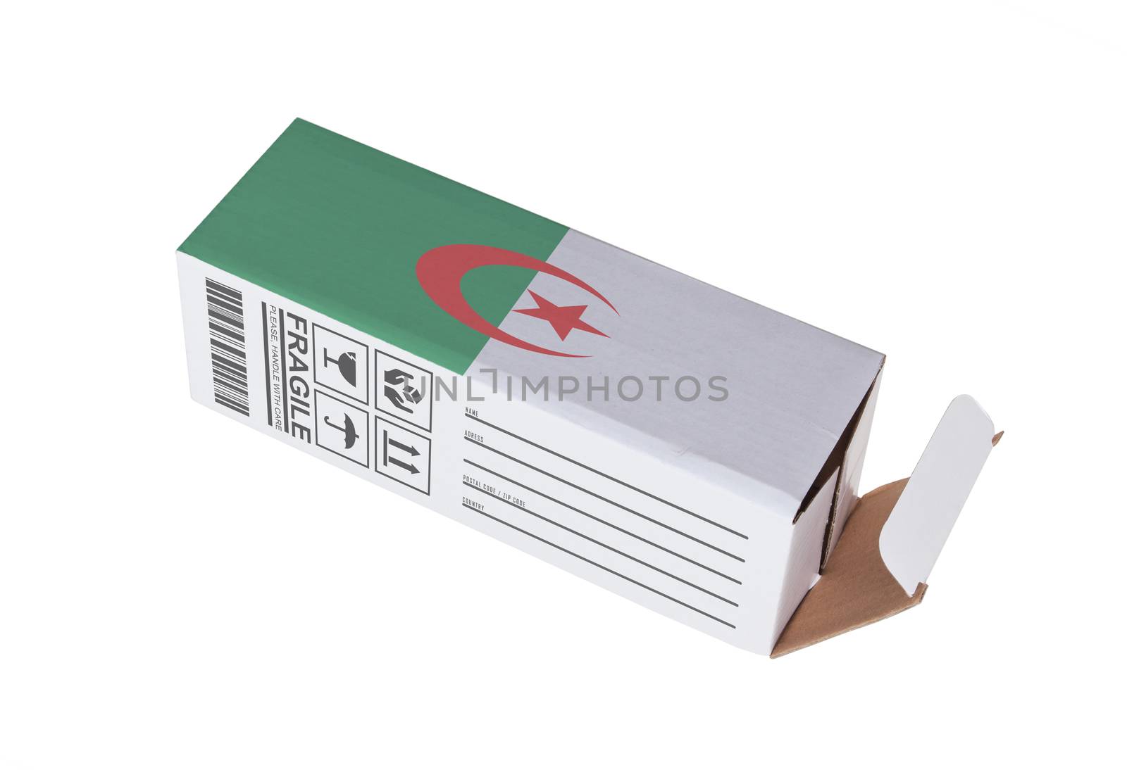 Concept of export, opened paper box - Product of Algeria