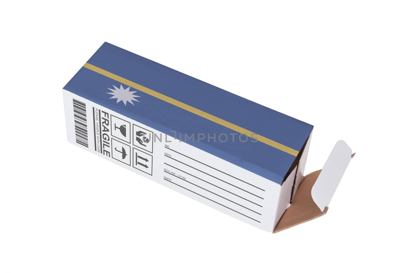 Concept of export, opened paper box - Product of Nauru