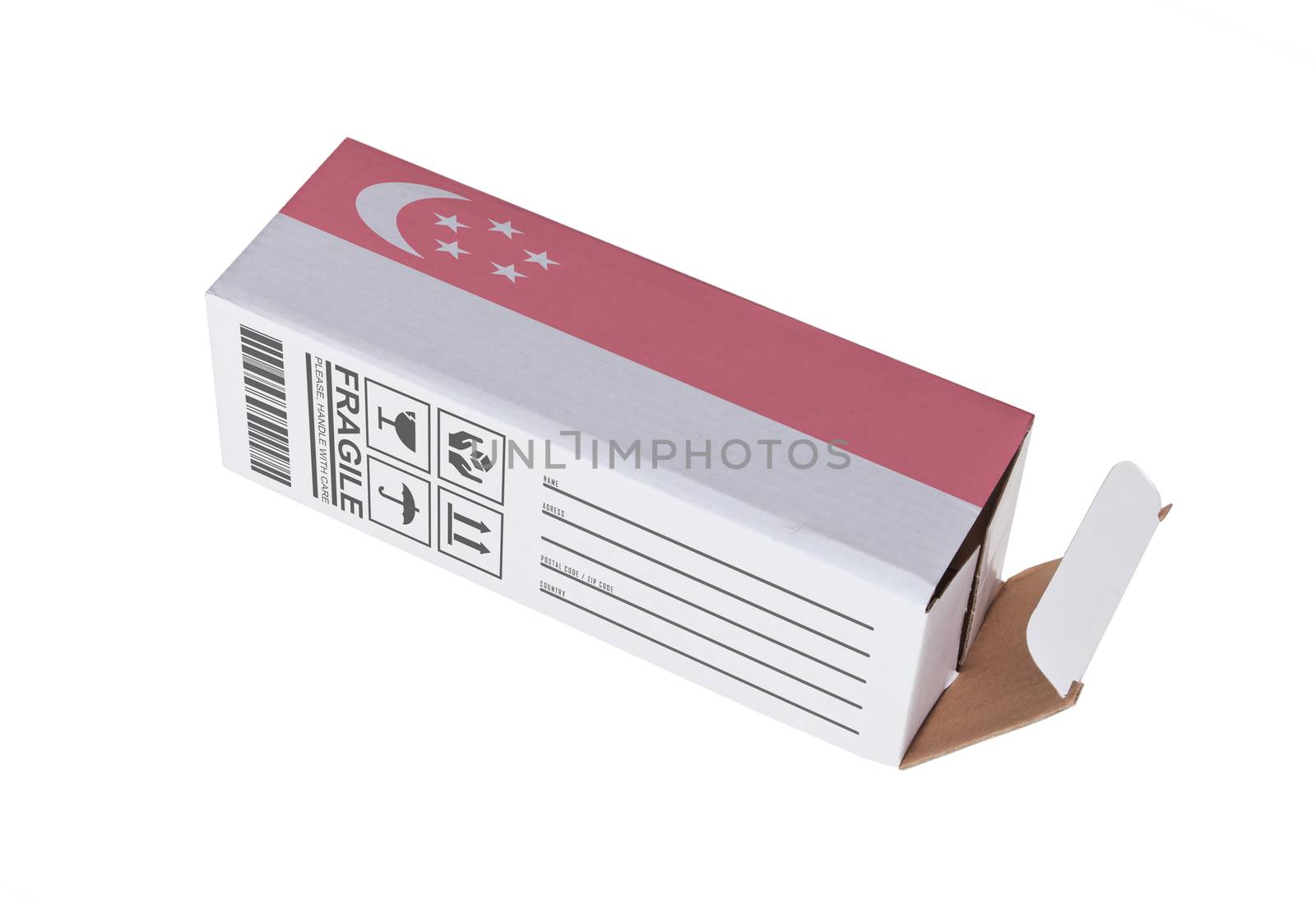 Concept of export, opened paper box - Product of Singapore