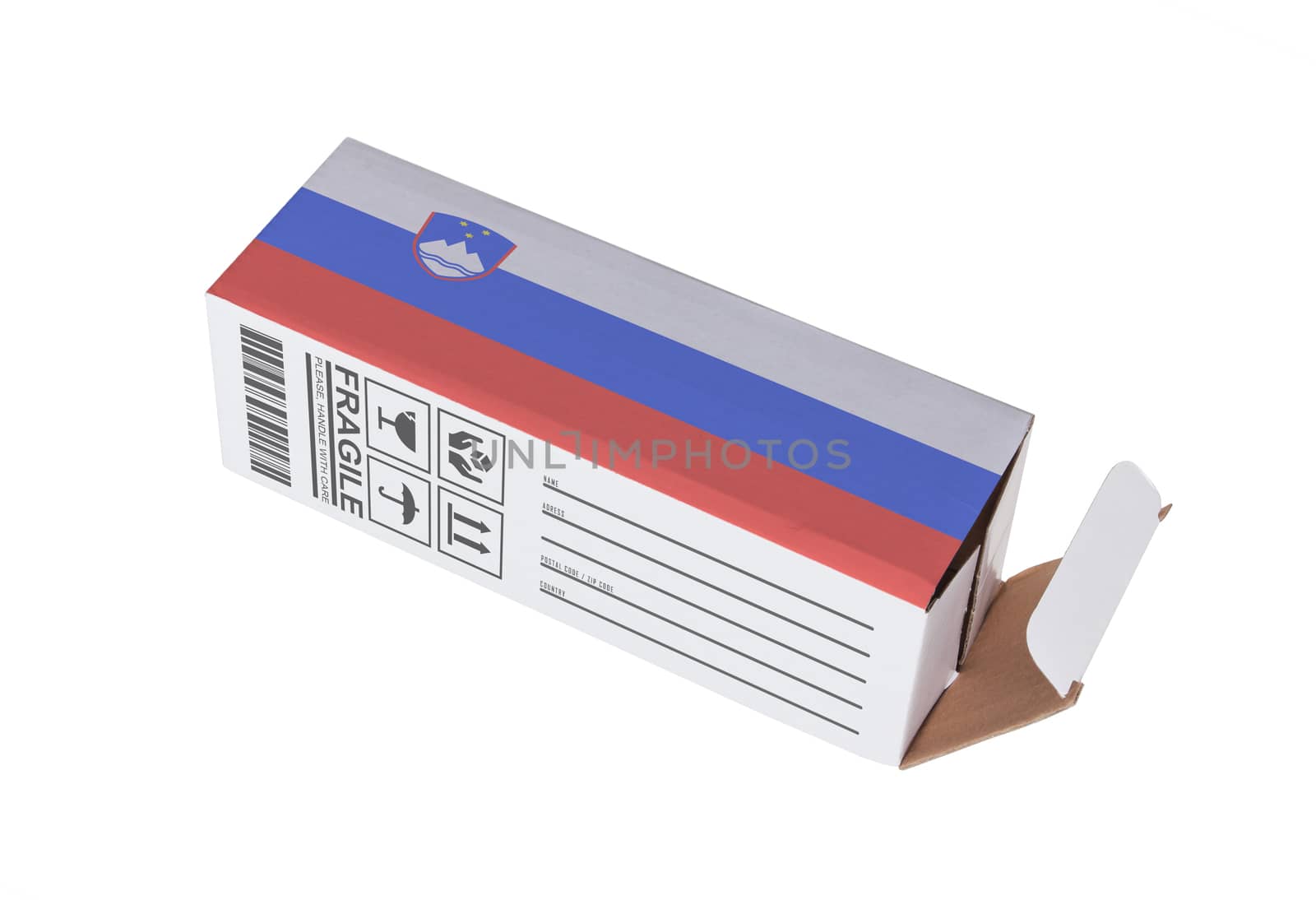 Concept of export, opened paper box - Product of Slovenia