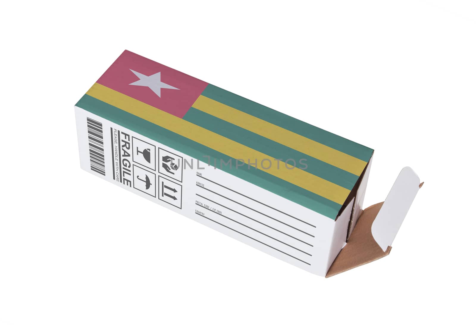 Concept of export, opened paper box - Product of Togo
