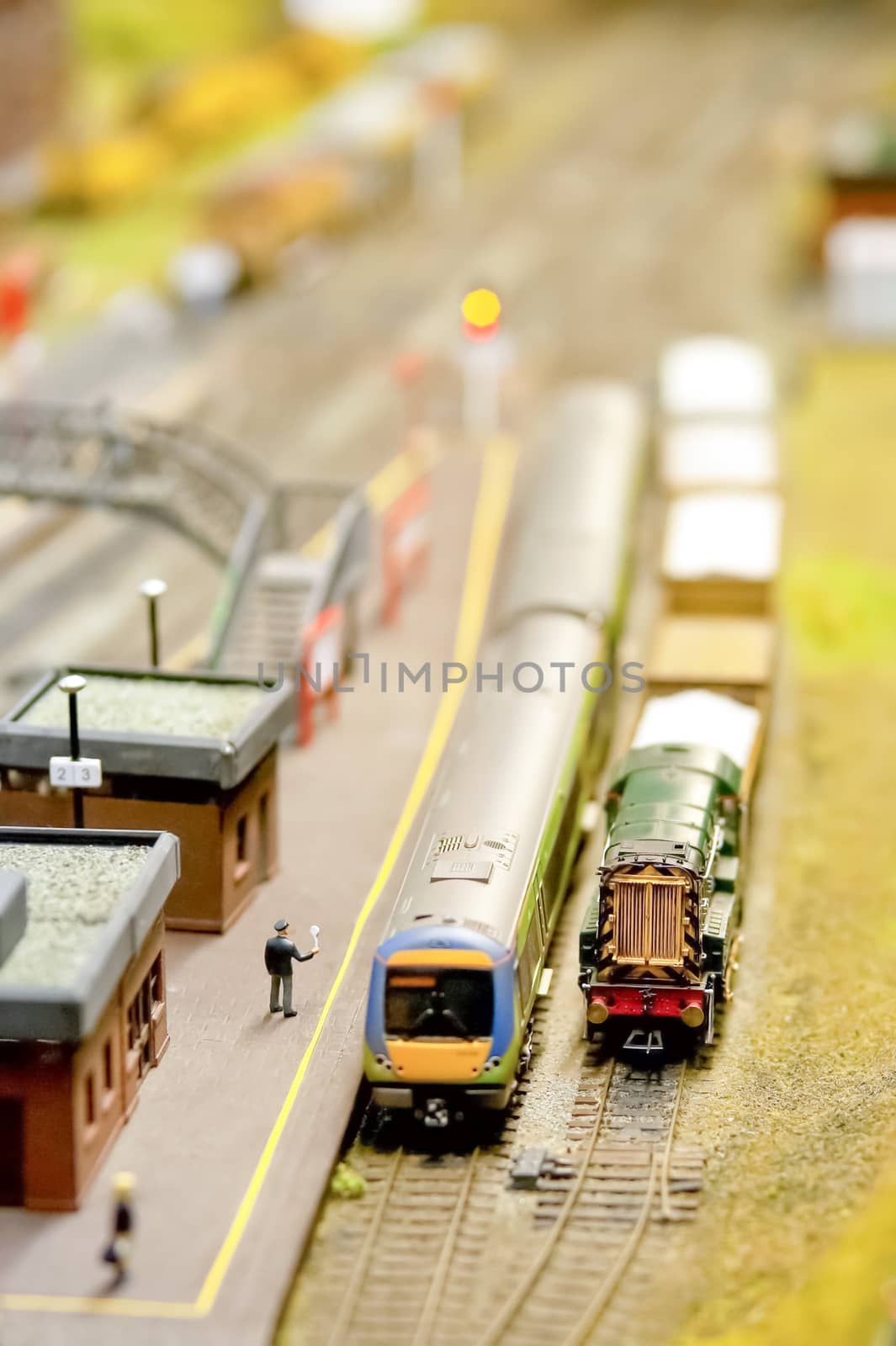 miniature model train station with shallow d.o.f