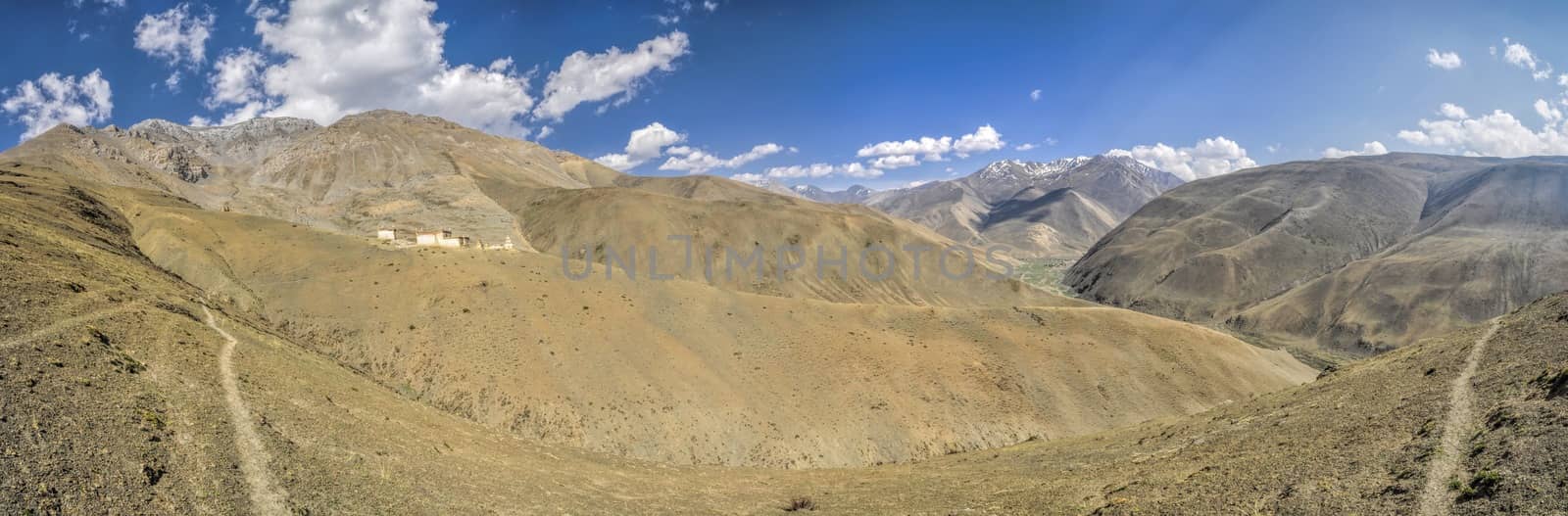 Scenic panorama of valley and buddhist monastery in Dolpo region in Nepal