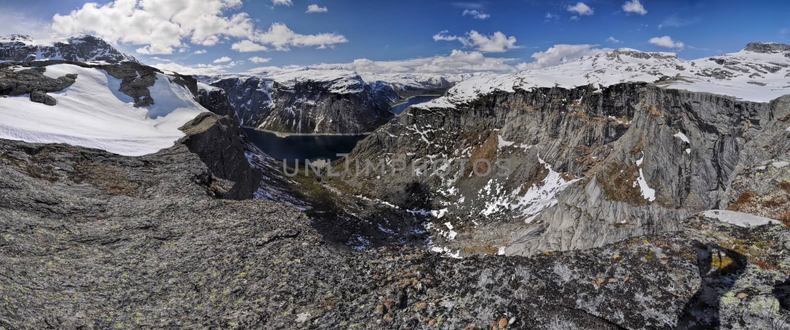 Scenic panorama of snowy landscape near Trolltunga in Norway